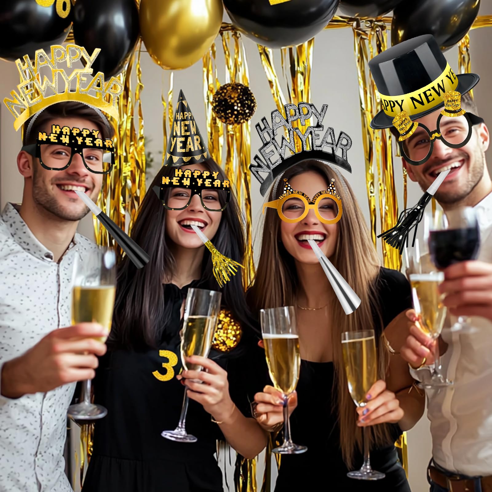 2026 New Years Eve Party Supplies, 36 Pcs Happy New Year Party Supplies Kit Serve 12, Including 6 Top Hats 3 Cone Hats 3 Tiara 12 Glasses 12 Noise Makers Black Gold Silver NYE Decoration Party Favors - Image 5
