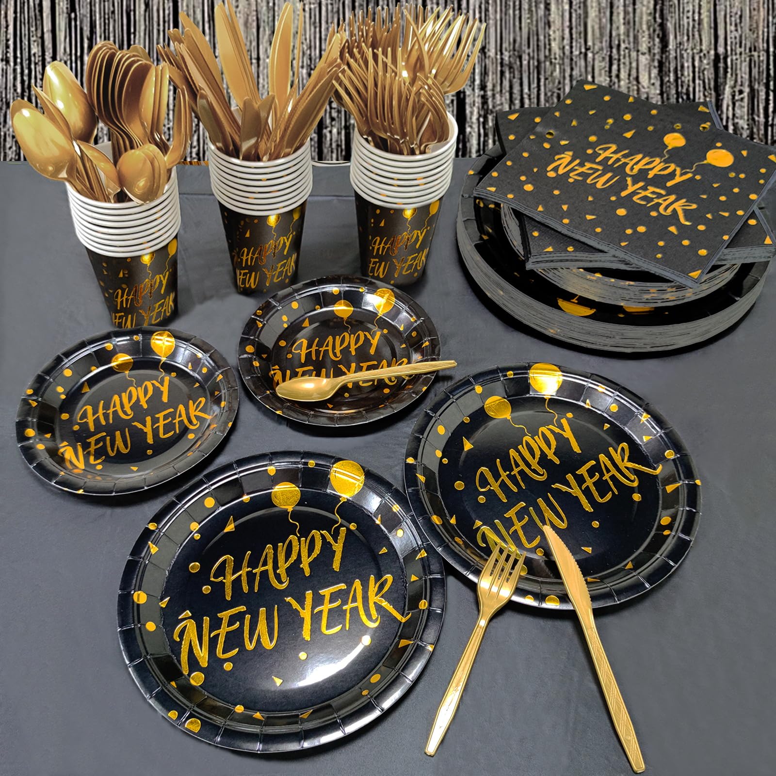 212 Piece New Year Paper Plates and Napkins Serve 30,Disposable Dinnerware Set,Includes Happy New Year Plates Napkins Tablecloths Cups Knife Fork Spoon New Years Eve Party Supplies Decorations - Image 3