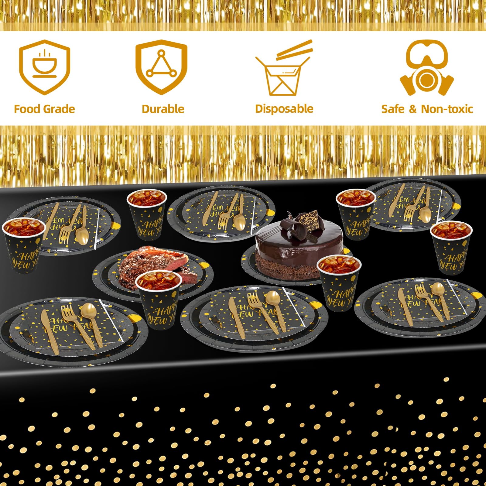 212 Piece New Year Paper Plates and Napkins Serve 30,Disposable Dinnerware Set,Includes Happy New Year Plates Napkins Tablecloths Cups Knife Fork Spoon New Years Eve Party Supplies Decorations - Image 4