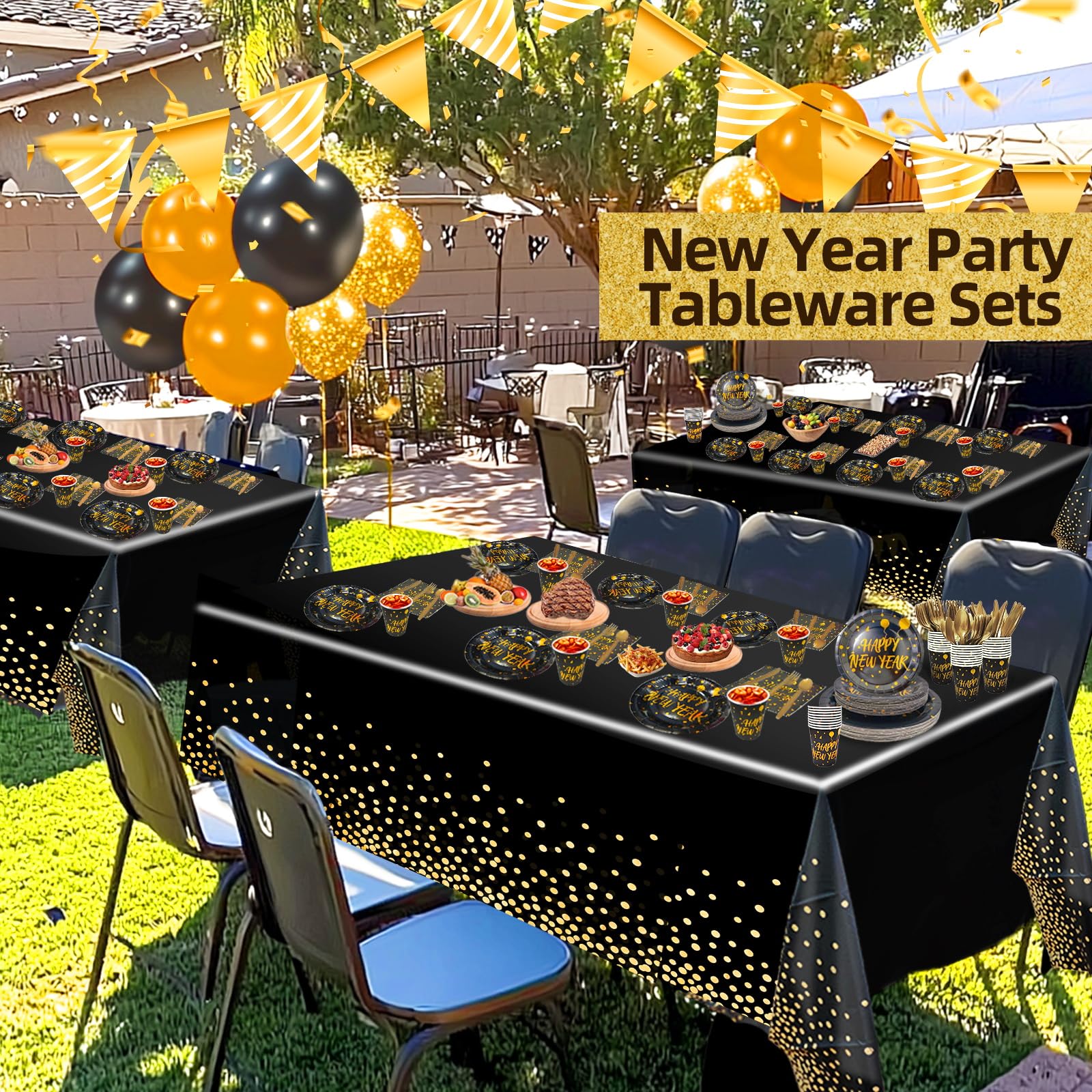 212 Piece New Year Paper Plates and Napkins Serve 30,Disposable Dinnerware Set,Includes Happy New Year Plates Napkins Tablecloths Cups Knife Fork Spoon New Years Eve Party Supplies Decorations - Image 5