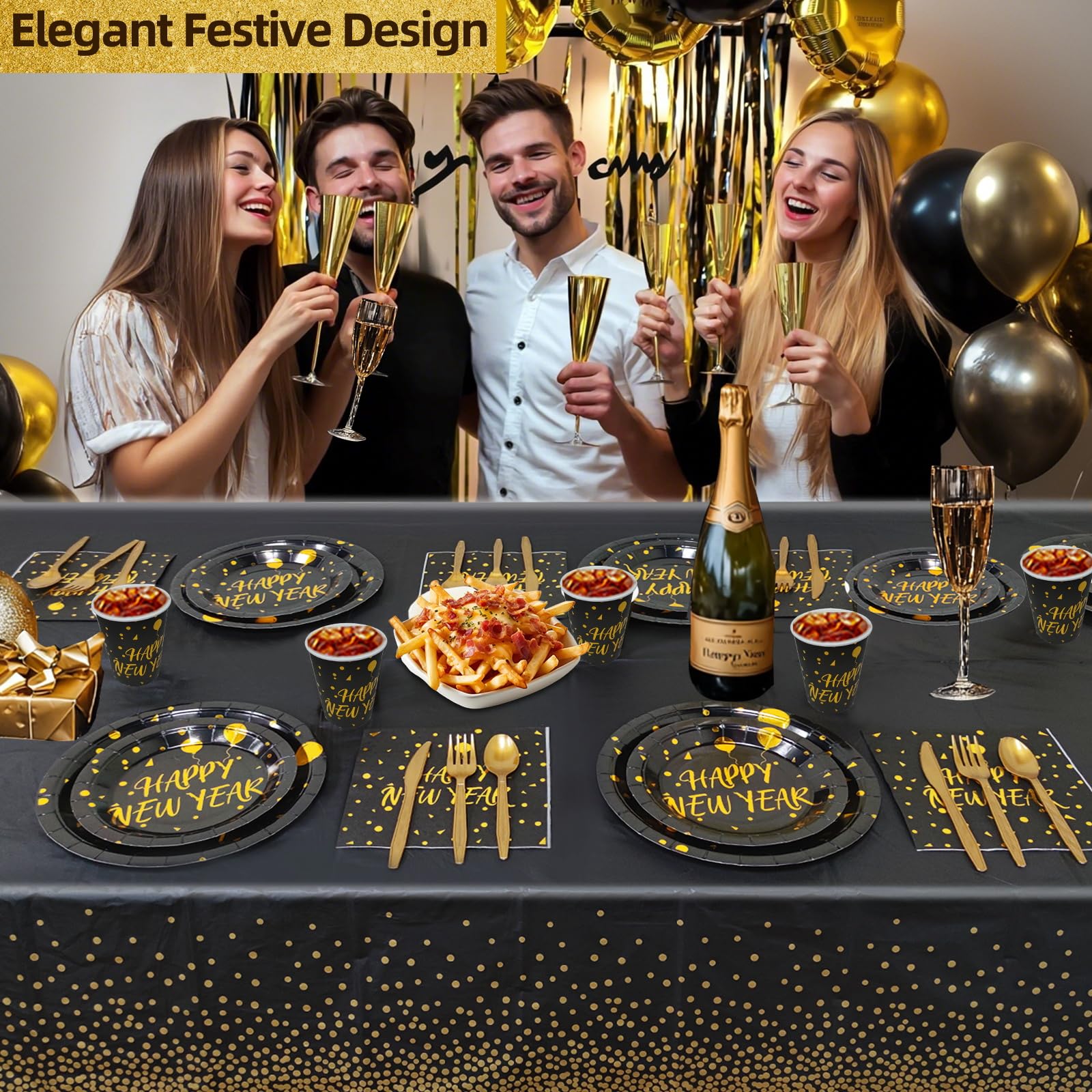212 Piece New Year Paper Plates and Napkins Serve 30,Disposable Dinnerware Set,Includes Happy New Year Plates Napkins Tablecloths Cups Knife Fork Spoon New Years Eve Party Supplies Decorations - Image 6