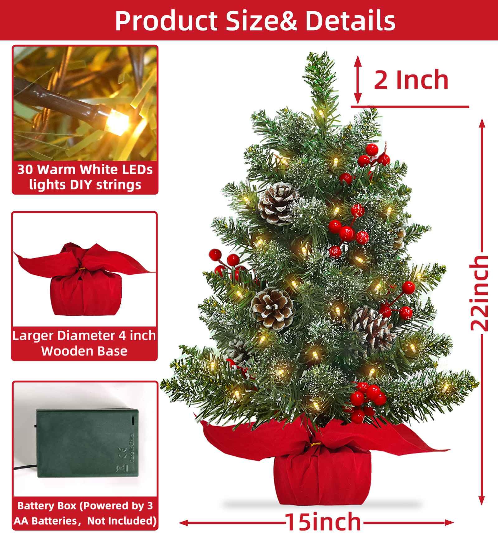 22 Inch Tabletop Christmas Tree with Lights Timer, Snowy Artificial Small Christmas Trees Battery Operated 30 Warm Lights Red Berries Pine Cone Stable Base Mini Tree Xmas Decorations Indoor Holiday - Image 3