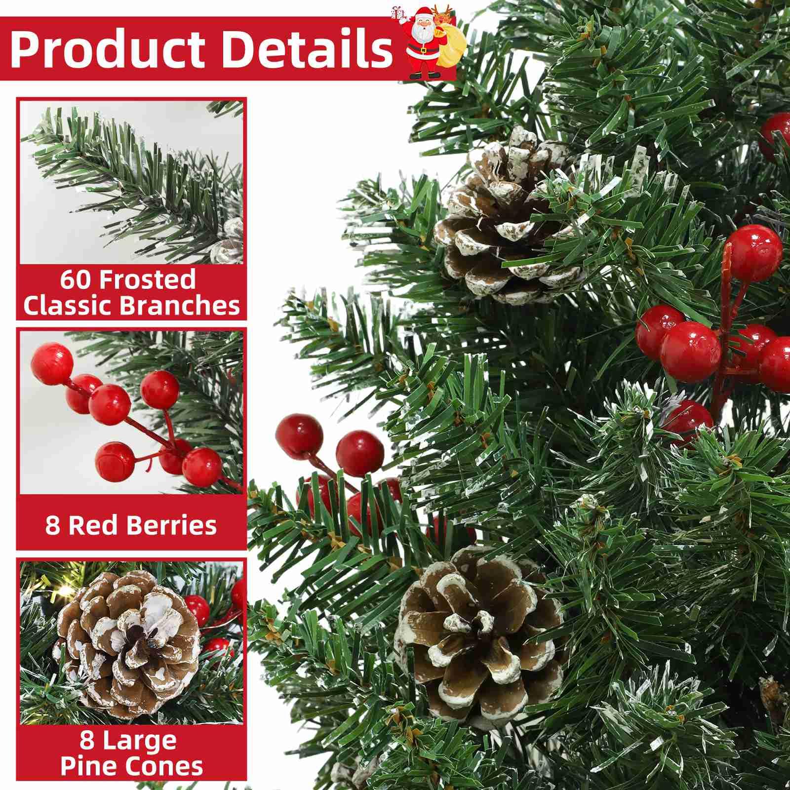 22 Inch Tabletop Christmas Tree with Lights Timer, Snowy Artificial Small Christmas Trees Battery Operated 30 Warm Lights Red Berries Pine Cone Stable Base Mini Tree Xmas Decorations Indoor Holiday - Image 4