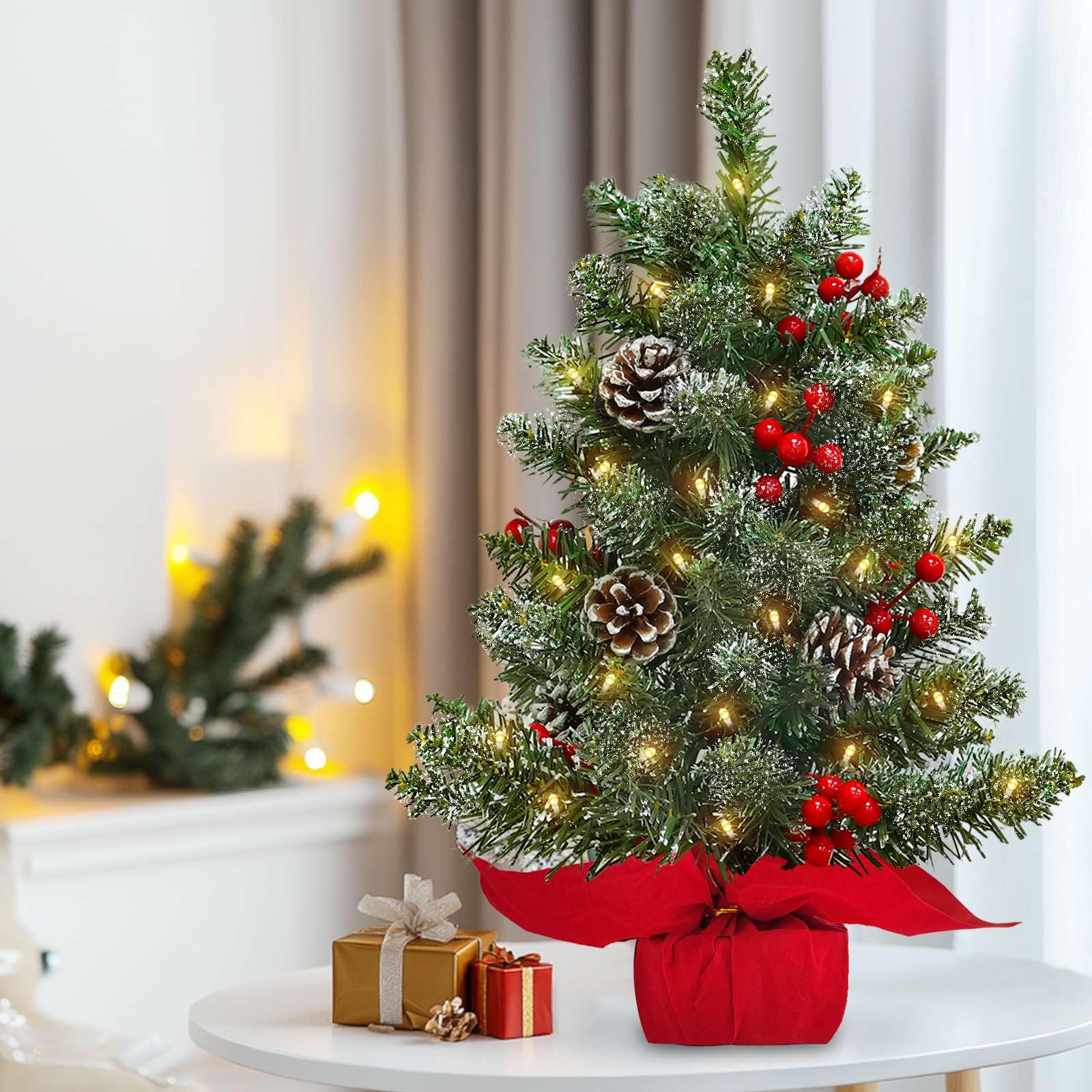 22 Inch Tabletop Christmas Tree with Lights Timer, Snowy Artificial Small Christmas Trees Battery Operated 30 Warm Lights Red Berries Pine Cone Stable Base Mini Tree Xmas Decorations Indoor Holiday - Image 5