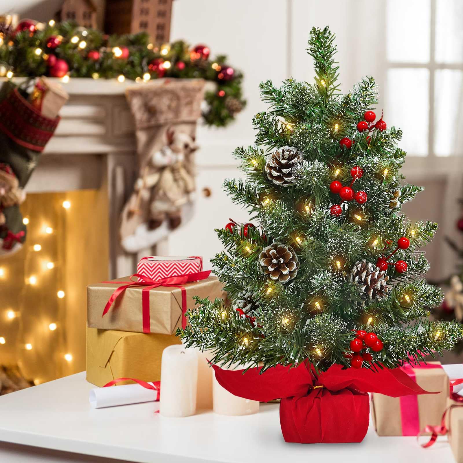 22 Inch Tabletop Christmas Tree with Lights Timer, Snowy Artificial Small Christmas Trees Battery Operated 30 Warm Lights Red Berries Pine Cone Stable Base Mini Tree Xmas Decorations Indoor Holiday - Image 6