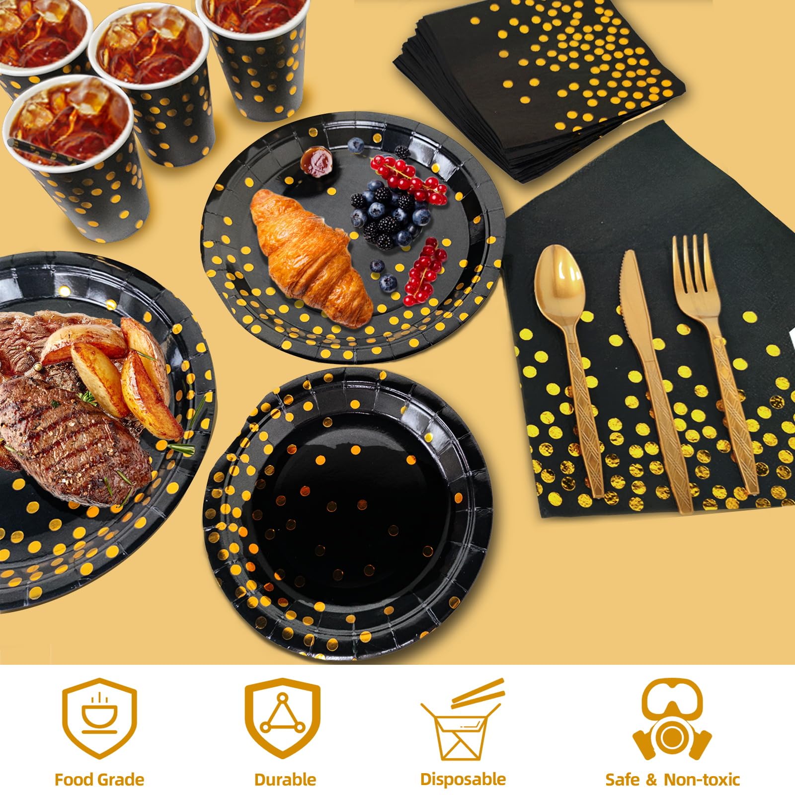224 PCS Plates and Napkins Severs 32 ,New Years Eve Party Supplies 2026,Black Gold Disposable Dinnerware Set Includes New Year Paper Plates Napkins Cups Forks Knives Spoons for New Years Decorations - Image 3