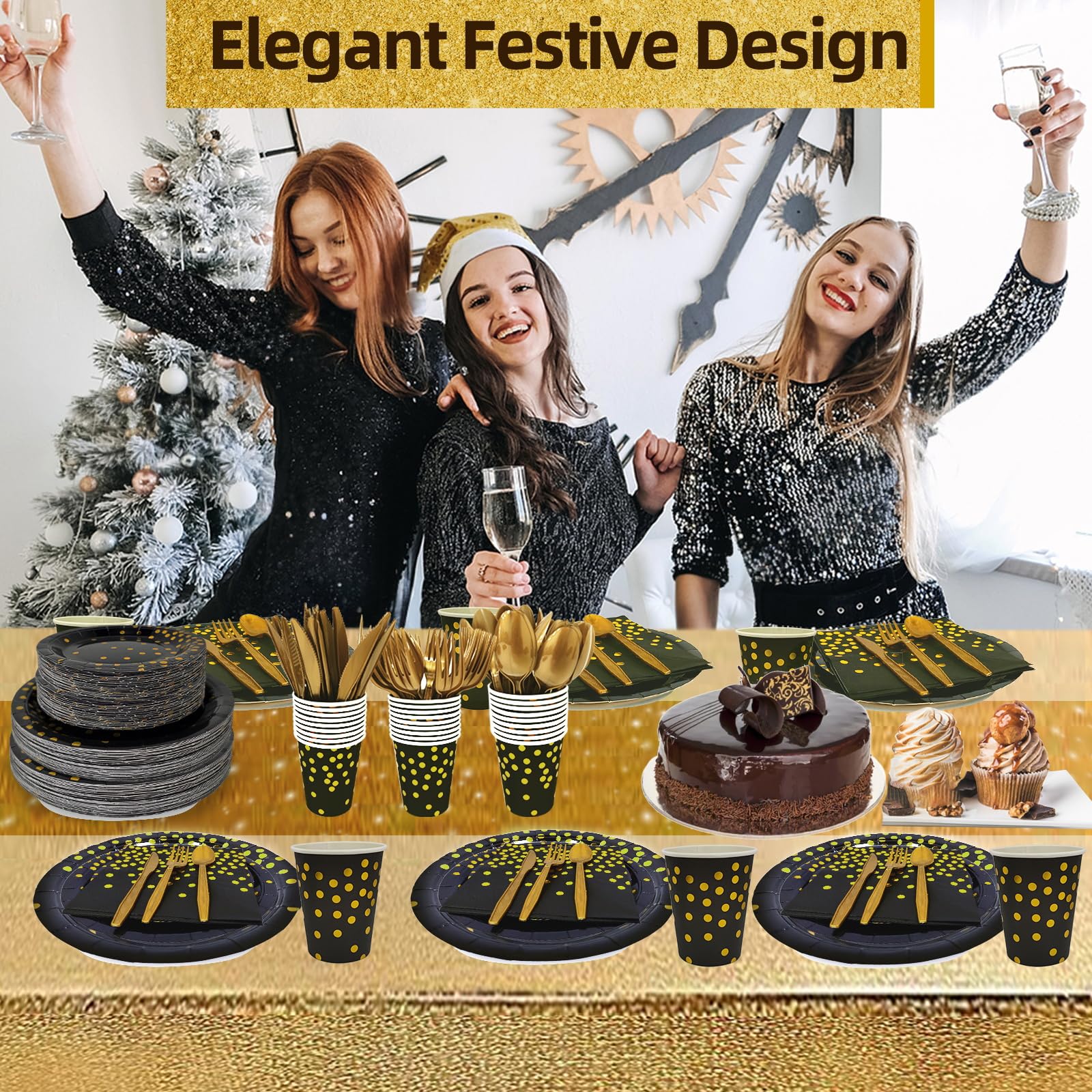 224 PCS Plates and Napkins Severs 32 ,New Years Eve Party Supplies 2026,Black Gold Disposable Dinnerware Set Includes New Year Paper Plates Napkins Cups Forks Knives Spoons for New Years Decorations - Image 4