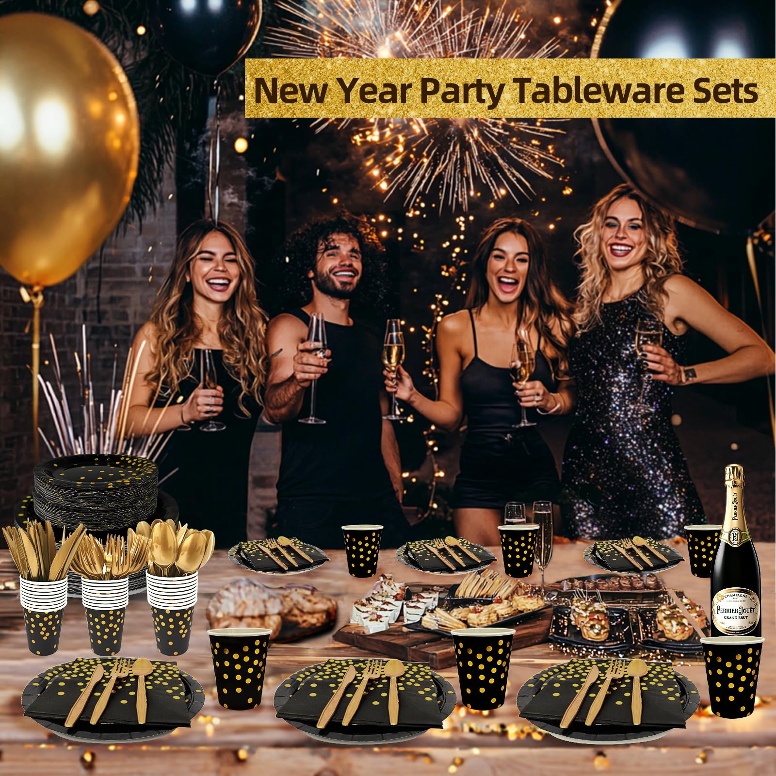 224 PCS Plates and Napkins Severs 32 ,New Years Eve Party Supplies 2026,Black Gold Disposable Dinnerware Set Includes New Year Paper Plates Napkins Cups Forks Knives Spoons for New Years Decorations - Image 6