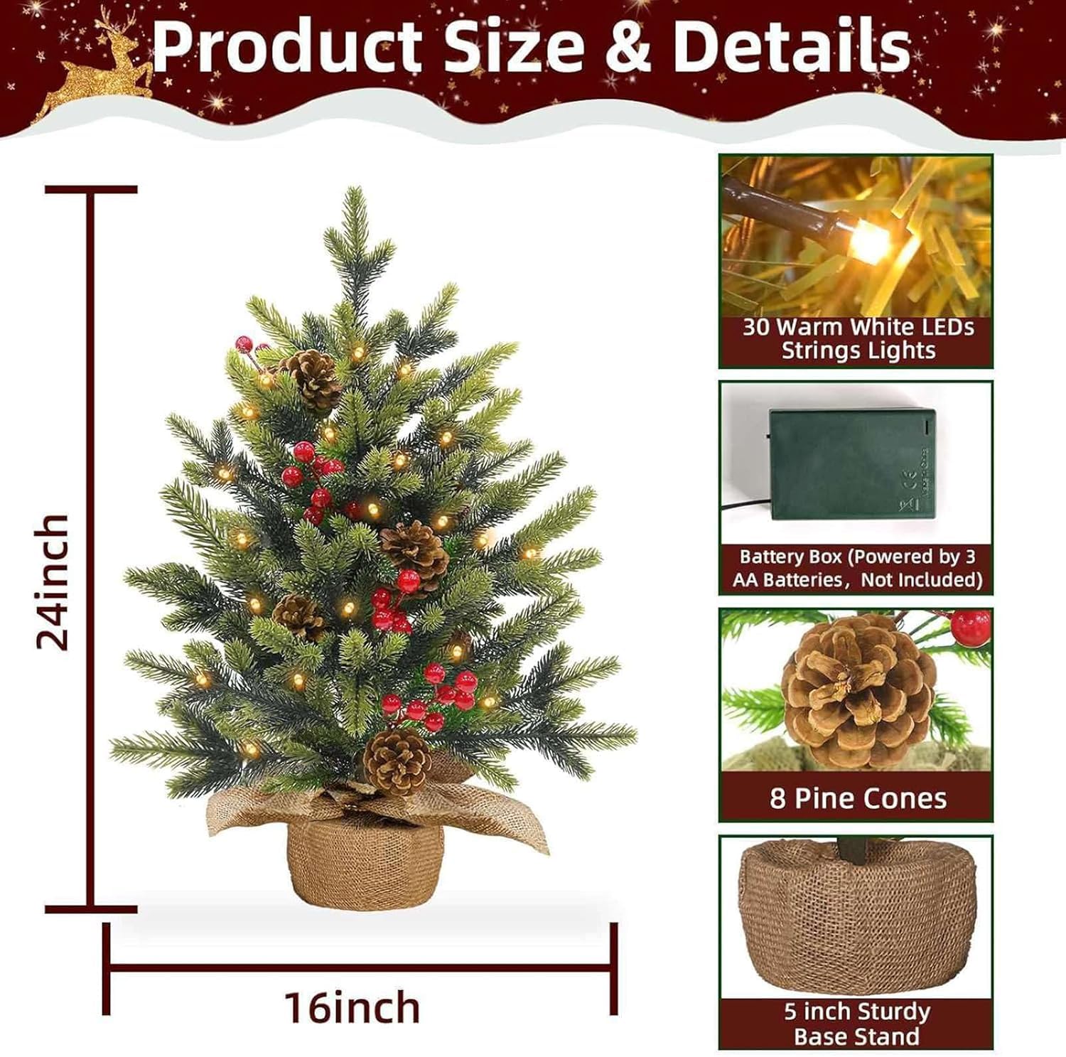 24"/2FT Tabletop Christmas Tree, Realistic-Feel Thick Artificial Mini Christmas Trees Small Christmas Tree with Lights Timer 56 Norfolk Pine Tip Pinecone Berry Burlap Base Christmas Decorations Indoor - Image 3