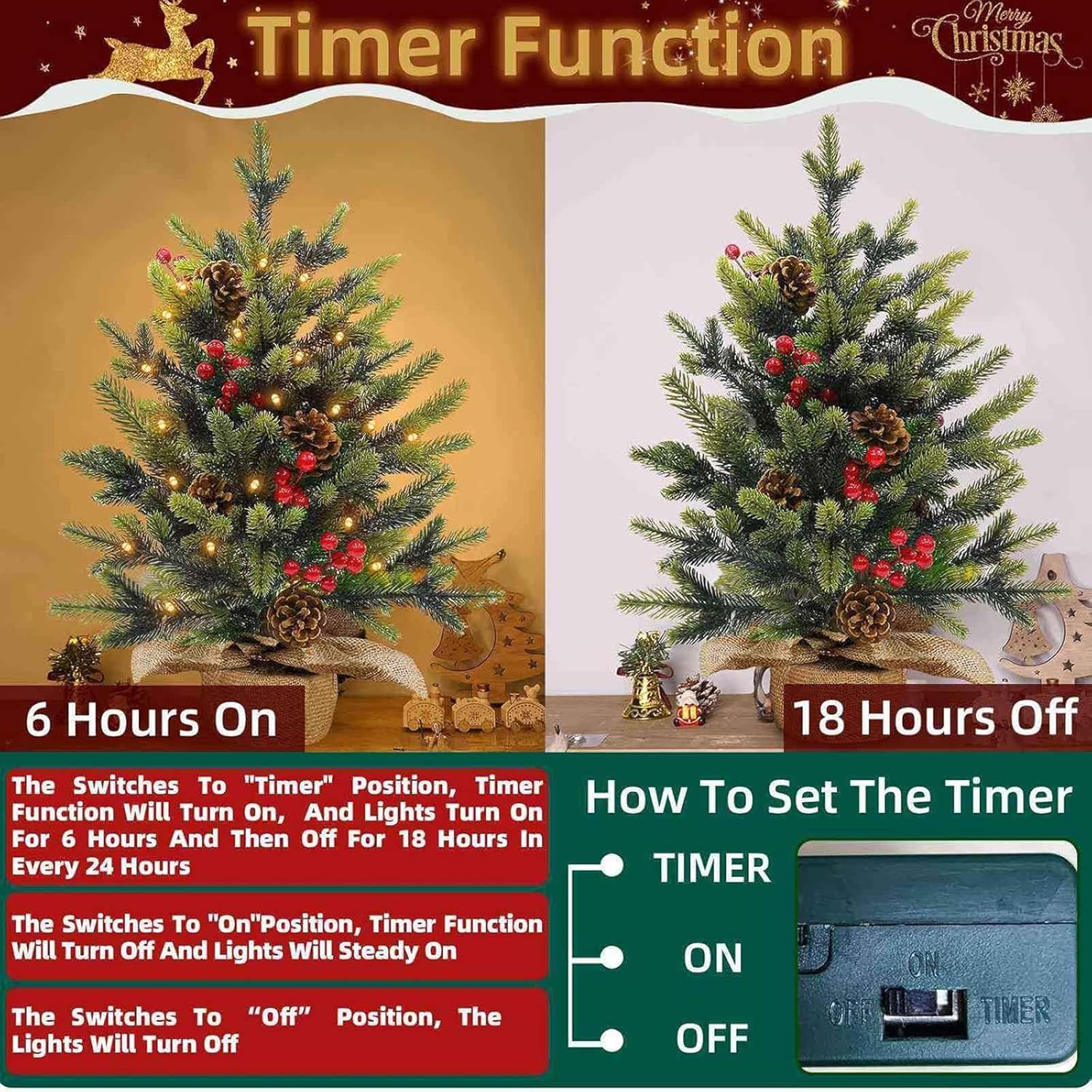 24"/2FT Tabletop Christmas Tree, Realistic-Feel Thick Artificial Mini Christmas Trees Small Christmas Tree with Lights Timer 56 Norfolk Pine Tip Pinecone Berry Burlap Base Christmas Decorations Indoor - Image 4