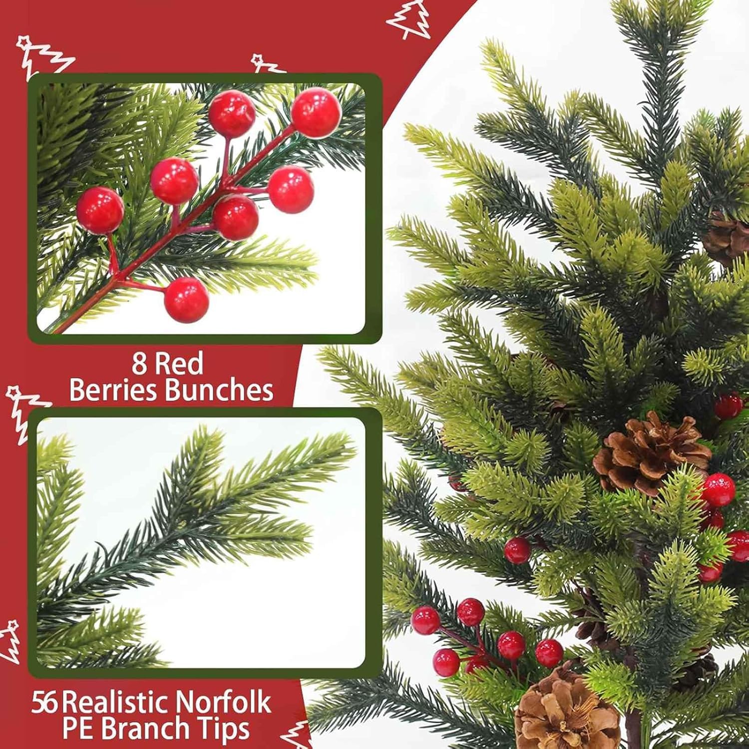 24"/2FT Tabletop Christmas Tree, Realistic-Feel Thick Artificial Mini Christmas Trees Small Christmas Tree with Lights Timer 56 Norfolk Pine Tip Pinecone Berry Burlap Base Christmas Decorations Indoor - Image 5