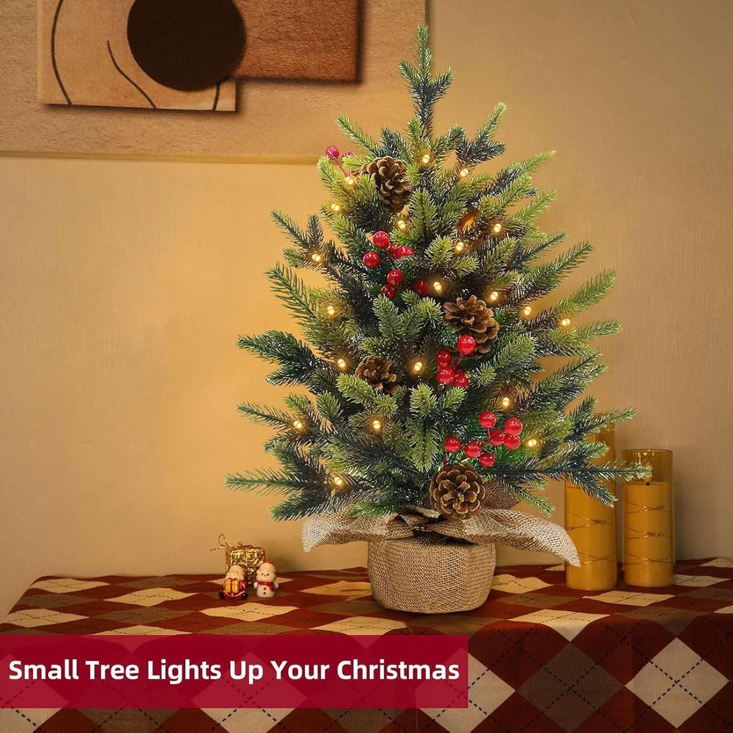 24"/2FT Tabletop Christmas Tree, Realistic-Feel Thick Artificial Mini Christmas Trees Small Christmas Tree with Lights Timer 56 Norfolk Pine Tip Pinecone Berry Burlap Base Christmas Decorations Indoor - Image 6