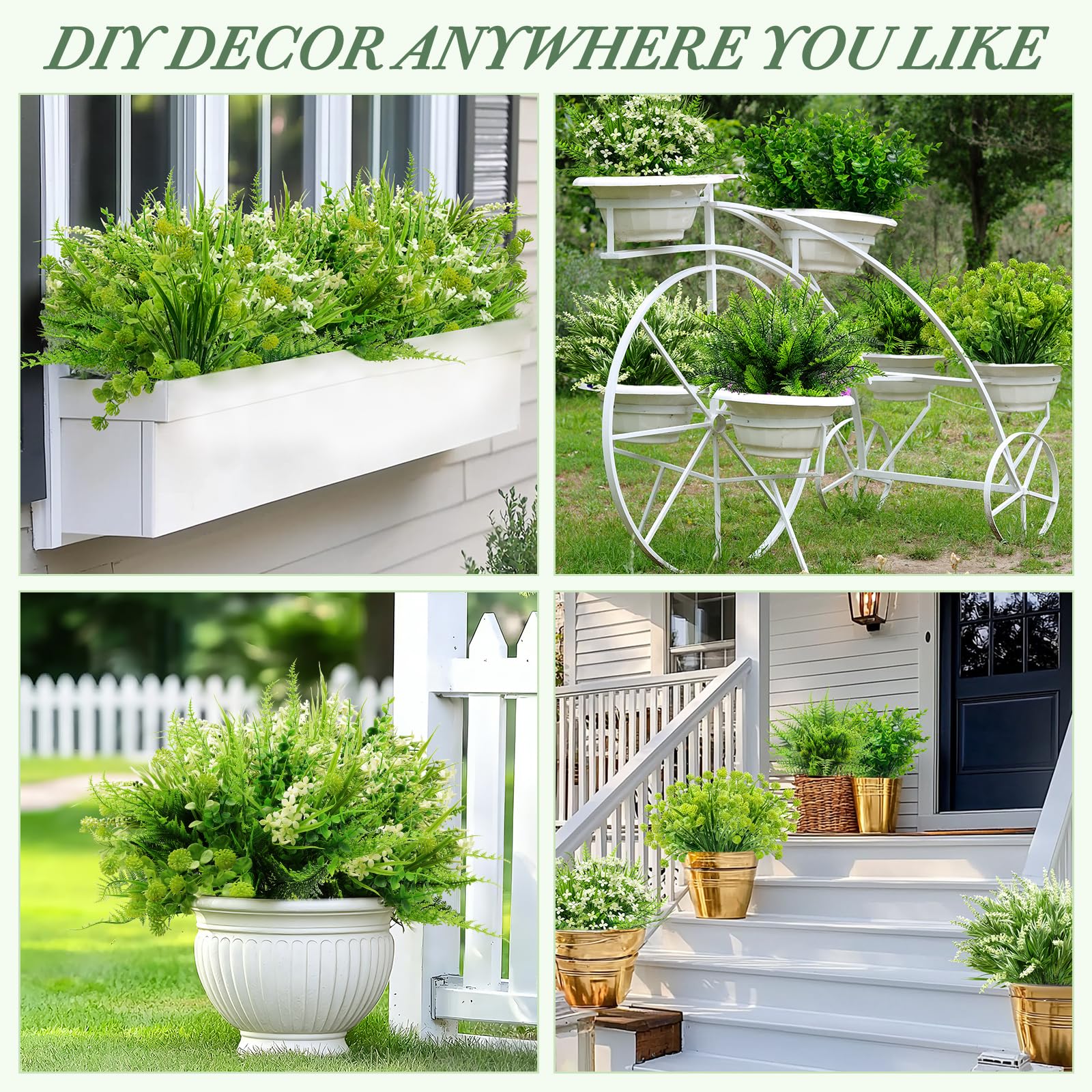 24 Bundles 6 Styles Artificial Plants Flowers for Outdoors Spring Summer Decor, UV Resistant No Fade Faux Plants Plastic Greenery Shrubs, Fake Fern Lavender Boxwood for Gardens Porch Yards Home Decor - Image 3