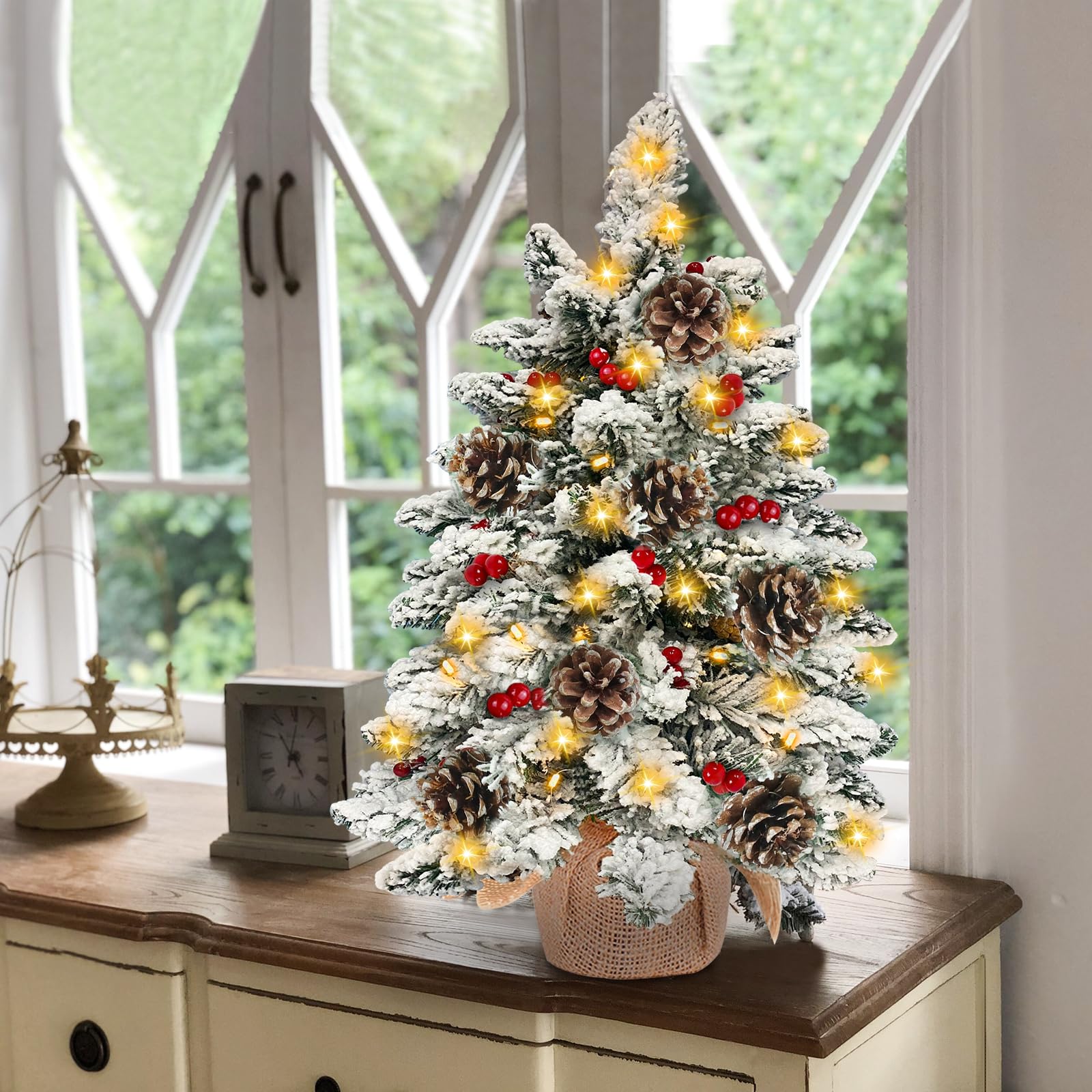 24 Inch Snow Flocked Mini Christmas Tree with 40 Warm Lights Timer, 2Ft Small Tabletop Christmas Tree Battery Operated 42 Red Berry Pinecone Burlap Base Xmas Tree Indoor Home Table Fireplace Decor - Image 4