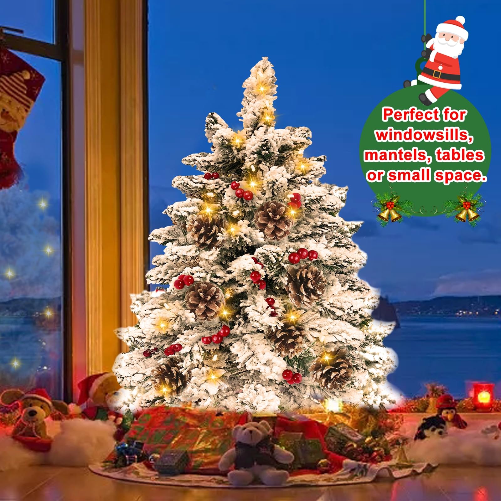 24 Inch Snow Flocked Mini Christmas Tree with 40 Warm Lights Timer, 2Ft Small Tabletop Christmas Tree Battery Operated 42 Red Berry Pinecone Burlap Base Xmas Tree Indoor Home Table Fireplace Decor - Image 5