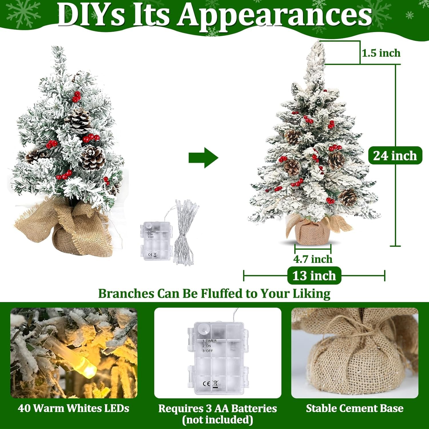 24 Inch Snow Flocked Mini Christmas Tree with 40 Warm Lights Timer, 2Ft Small Tabletop Christmas Tree Battery Operated 42 Red Berry Pinecone Burlap Base Xmas Tree Indoor Home Table Fireplace Decor - Image 6