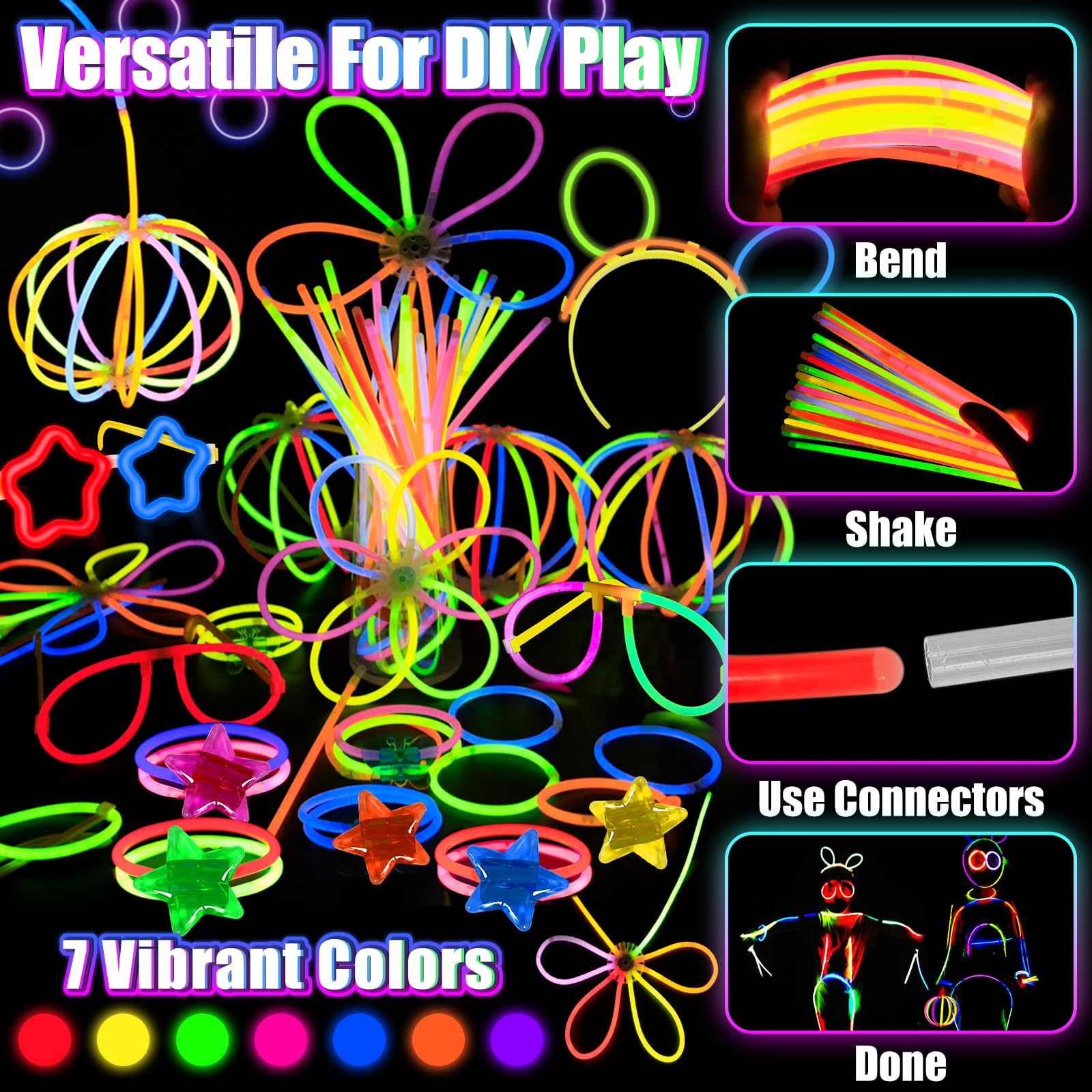 242PCS Glow Sticks, Glow in the Dark Party Favors Party Supplies for Adults Glow Sticks Bulk & Connectors Light Up Glasses Headbands Bracelets Necklace Earrings for football Birthday Wedding Patriotic - Image 3