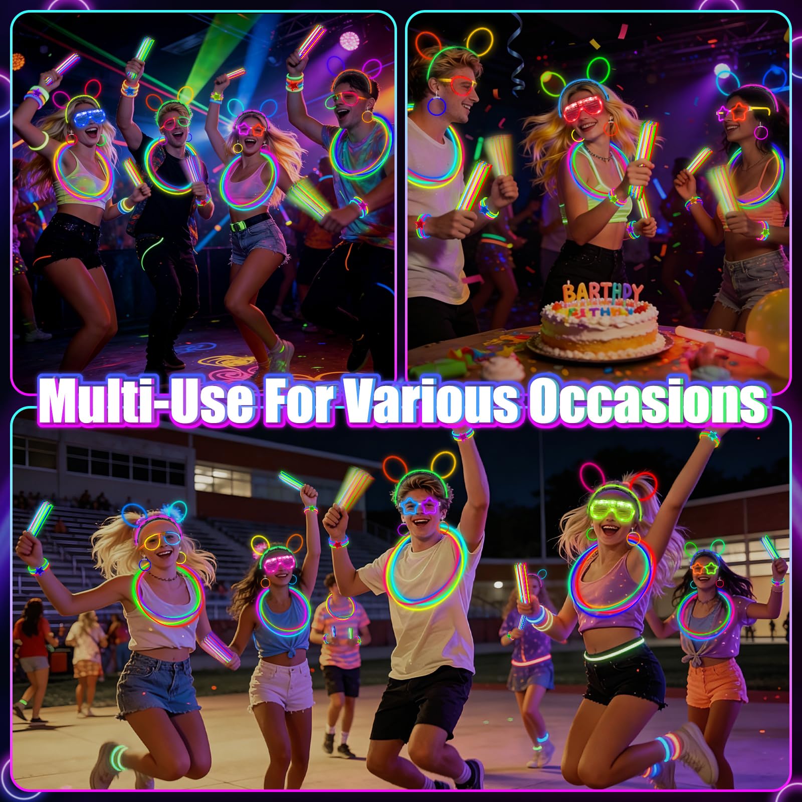 242PCS Glow Sticks, Glow in the Dark Party Favors Party Supplies for Adults Glow Sticks Bulk & Connectors Light Up Glasses Headbands Bracelets Necklace Earrings for football Birthday Wedding Patriotic - Image 6