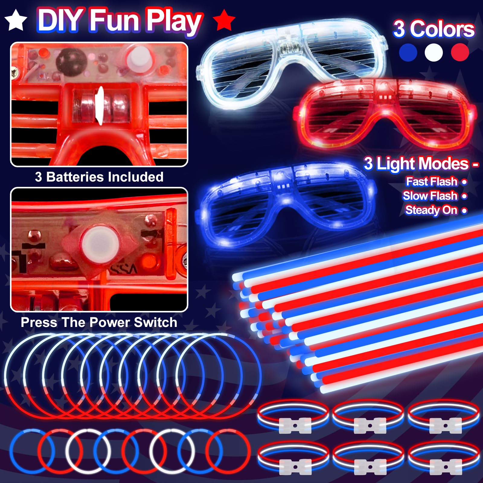 248 Pcs 4th of July Light Up Party Favors, 24 Red White Blue Glasses 200 Patriotic Glow Sticks Bulk with Connectors Glow in the Dark Party Supplies 250th Anniversary USA,Independence Day Decor - Image 3