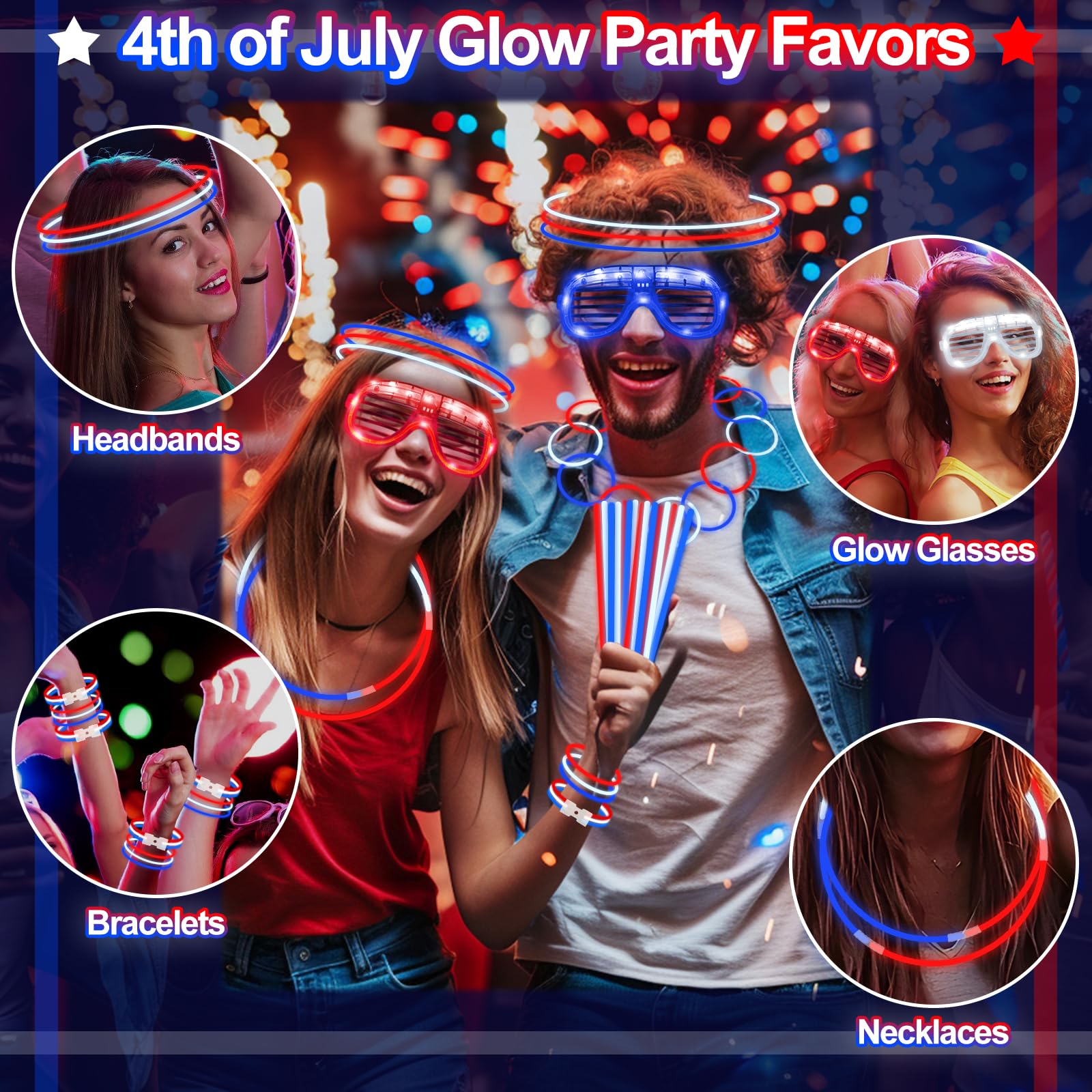 248 Pcs 4th of July Light Up Party Favors, 24 Red White Blue Glasses 200 Patriotic Glow Sticks Bulk with Connectors Glow in the Dark Party Supplies 250th Anniversary USA,Independence Day Decor - Image 4