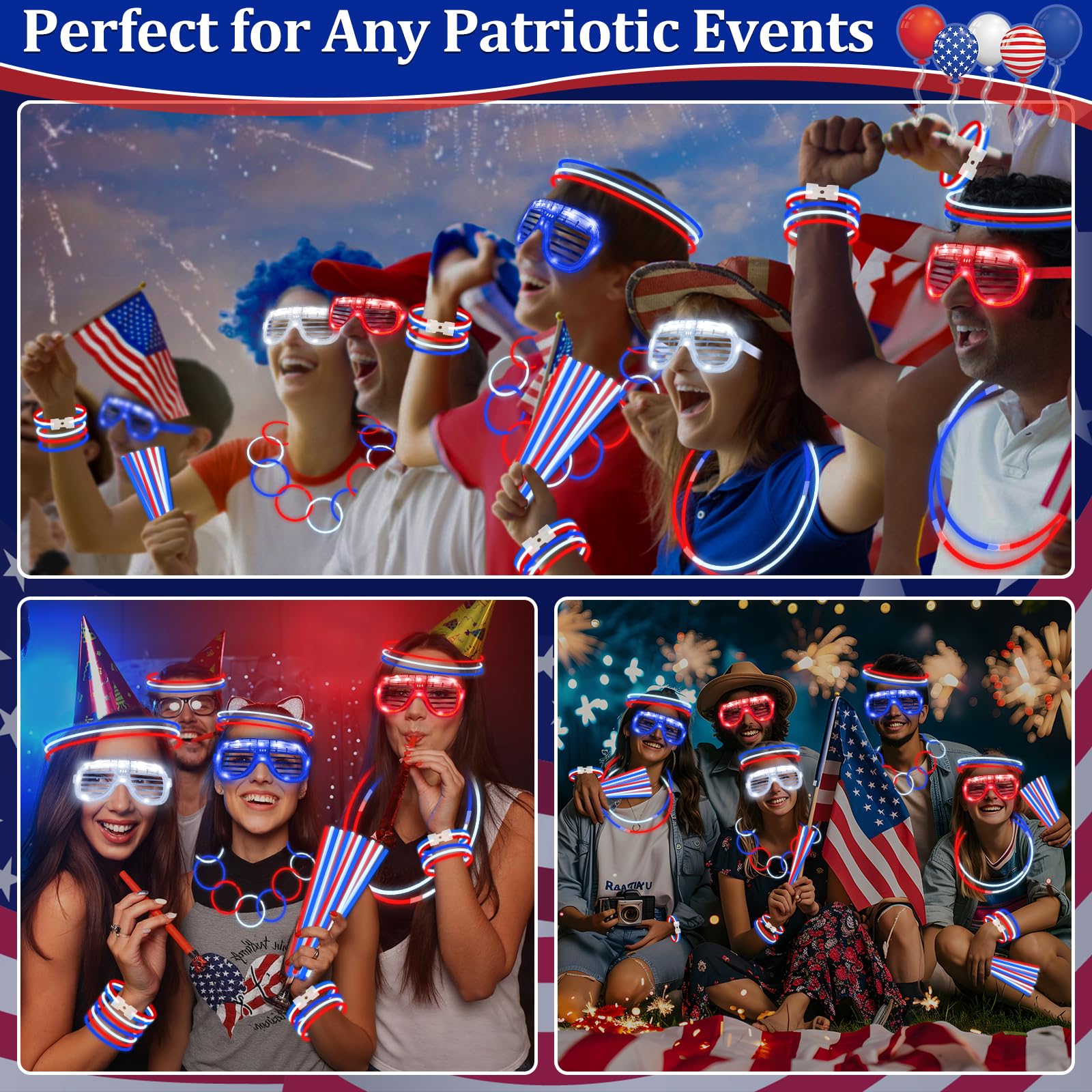 248 Pcs 4th of July Light Up Party Favors, 24 Red White Blue Glasses 200 Patriotic Glow Sticks Bulk with Connectors Glow in the Dark Party Supplies 250th Anniversary USA,Independence Day Decor - Image 6