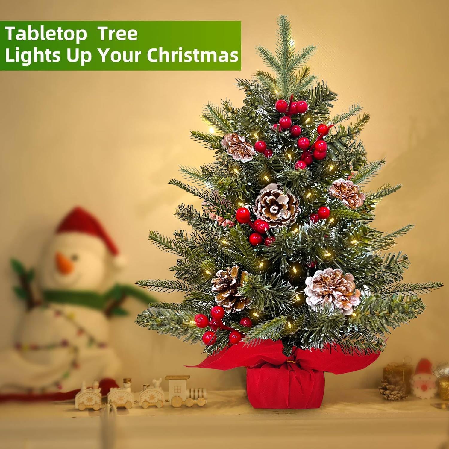 2ft Tabletop Christmas Valentines Tree, 24" Mini Small Christmas Tree with Timer 30 LED Warm Lights, Realistic-Feel PE Norfolk Pine Frosted Branches Red Berry Pincone Cloth Base Indoor Home Decoration - Image 3