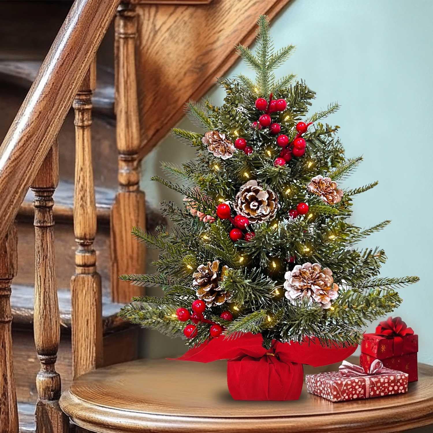 2ft Tabletop Christmas Valentines Tree, 24" Mini Small Christmas Tree with Timer 30 LED Warm Lights, Realistic-Feel PE Norfolk Pine Frosted Branches Red Berry Pincone Cloth Base Indoor Home Decoration - Image 4