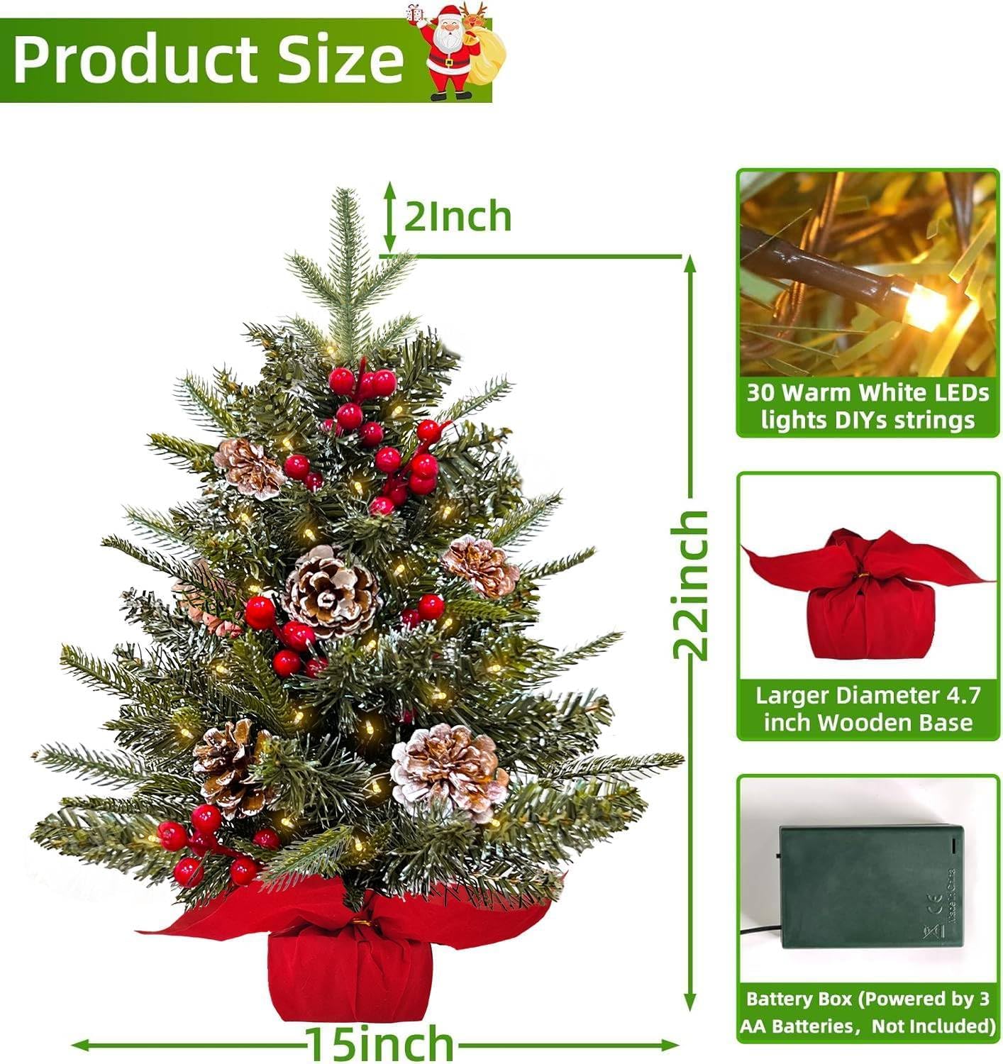 2ft Tabletop Christmas Valentines Tree, 24" Mini Small Christmas Tree with Timer 30 LED Warm Lights, Realistic-Feel PE Norfolk Pine Frosted Branches Red Berry Pincone Cloth Base Indoor Home Decoration - Image 5