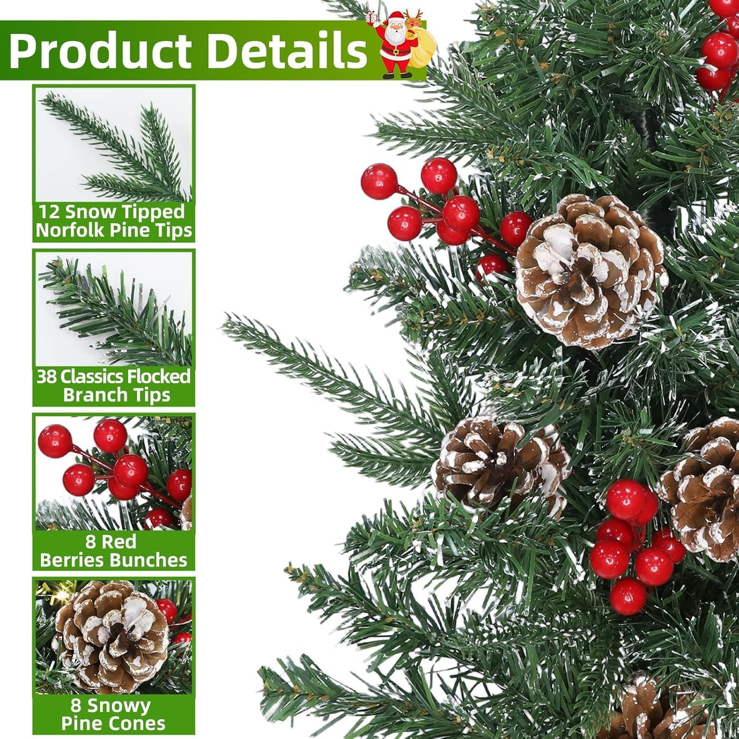 2ft Tabletop Christmas Valentines Tree, 24" Mini Small Christmas Tree with Timer 30 LED Warm Lights, Realistic-Feel PE Norfolk Pine Frosted Branches Red Berry Pincone Cloth Base Indoor Home Decoration - Image 6