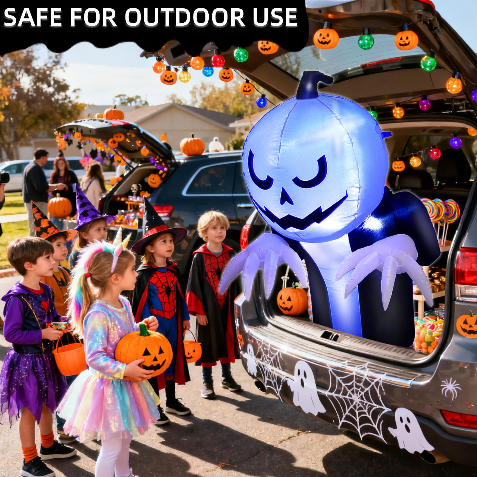 3.6 Ft Halloween Trunk or Treat Inflatable Car Decorations Kit, Blow Up Pumpkin Ghost Built in Blue LED Lights Quick-Inflating Outdoor Decor for Car, Halloween Party Yard Decor - Image 3