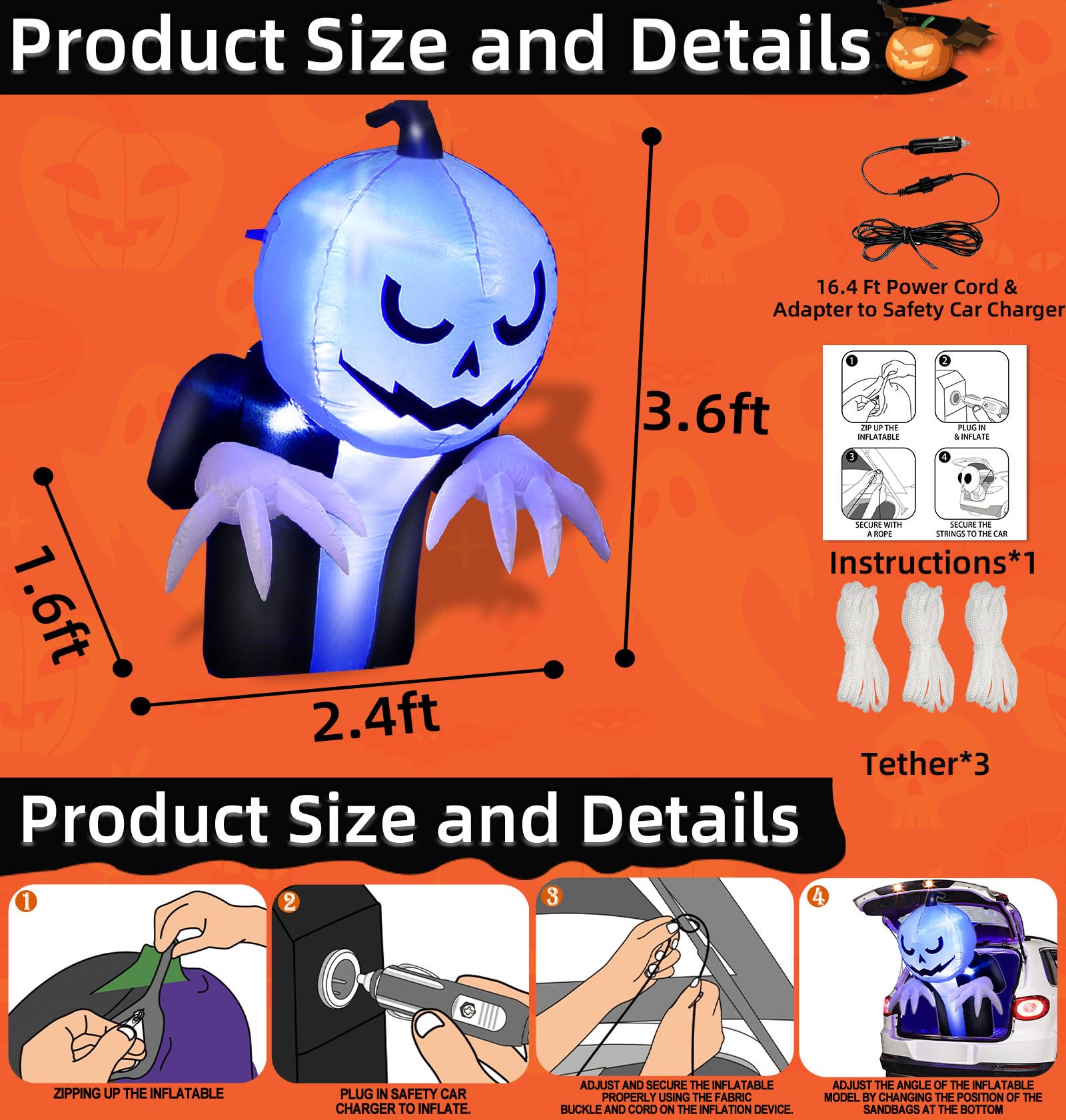 3.6 Ft Halloween Trunk or Treat Inflatable Car Decorations Kit, Blow Up Pumpkin Ghost Built in Blue LED Lights Quick-Inflating Outdoor Decor for Car, Halloween Party Yard Decor - Image 4