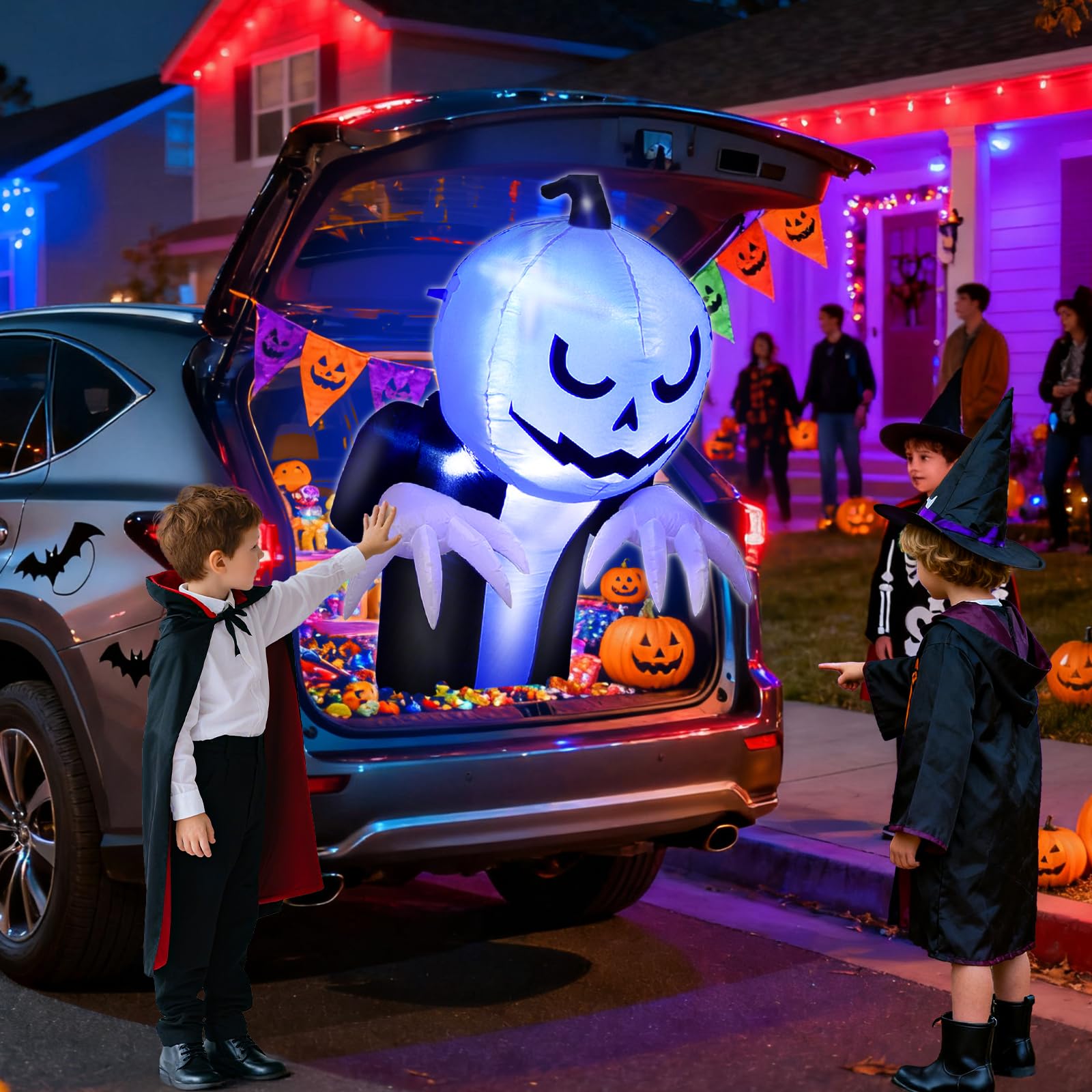 3.6 Ft Halloween Trunk or Treat Inflatable Car Decorations Kit, Blow Up Pumpkin Ghost Built in Blue LED Lights Quick-Inflating Outdoor Decor for Car, Halloween Party Yard Decor - Image 5