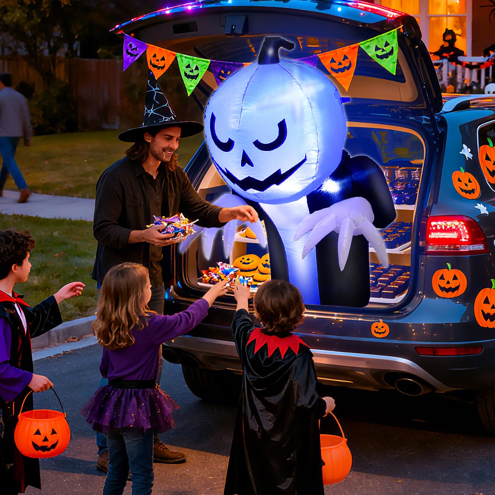 3.6 Ft Halloween Trunk or Treat Inflatable Car Decorations Kit, Blow Up Pumpkin Ghost Built in Blue LED Lights Quick-Inflating Outdoor Decor for Car, Halloween Party Yard Decor - Image 6