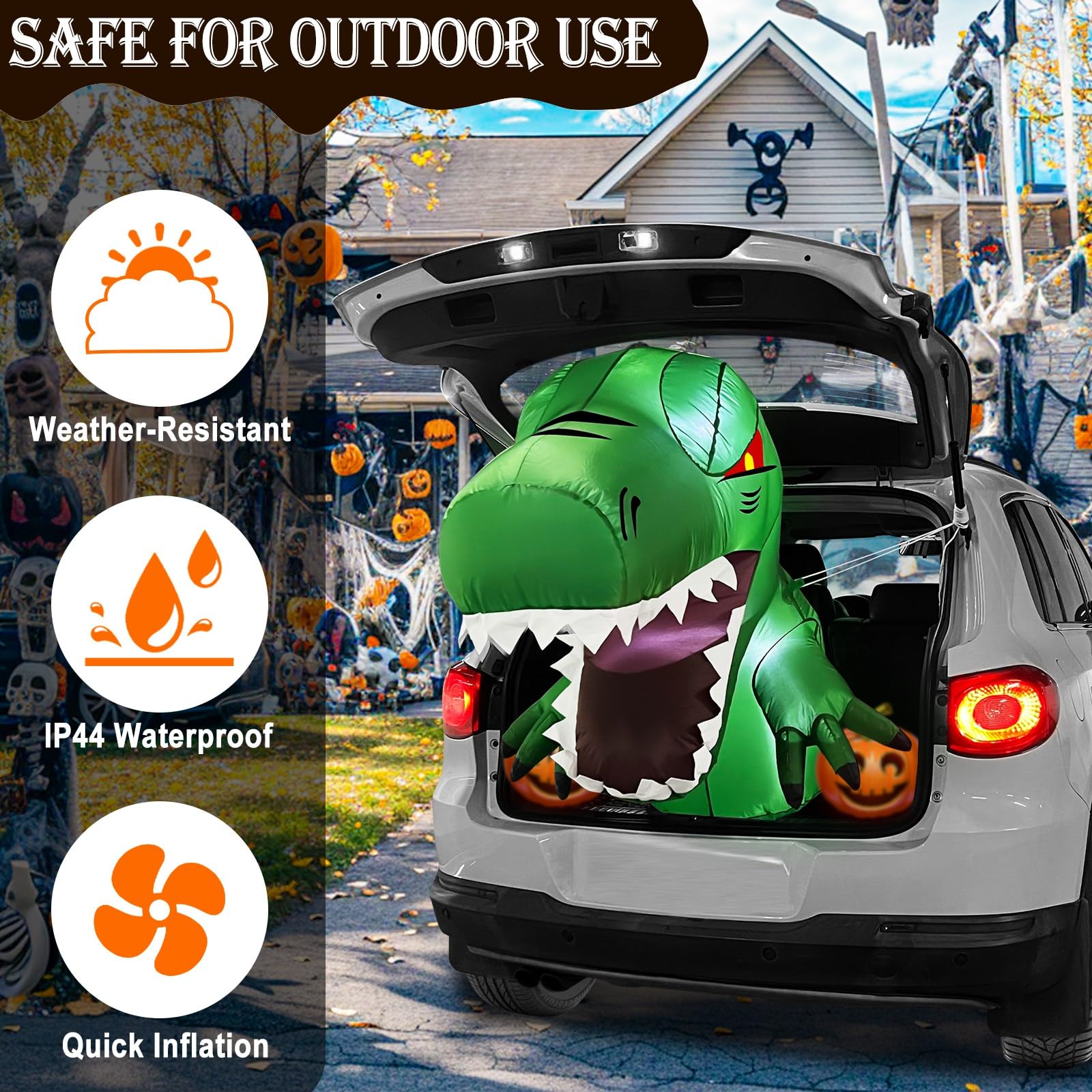 3.7 Ft Halloween Trunk or Treat Decorations for SUV Inflatable Dinosaur with Build-in LEDs, Trunk or Treat Inflatable Dinosaur Broke Out from Car Halloween Blow Up for SUVs, Sedans, Outdoor Decor - Image 3