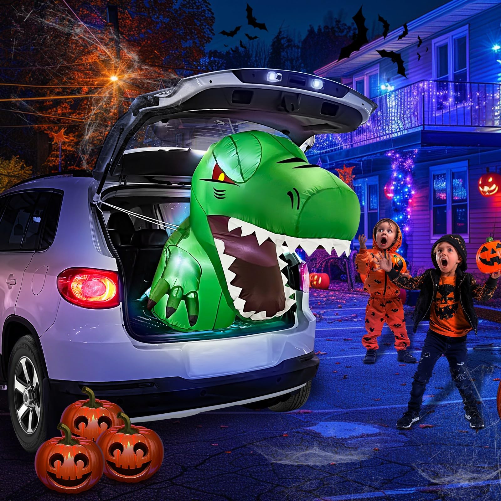 3.7 Ft Halloween Trunk or Treat Decorations for SUV Inflatable Dinosaur with Build-in LEDs, Trunk or Treat Inflatable Dinosaur Broke Out from Car Halloween Blow Up for SUVs, Sedans, Outdoor Decor - Image 4