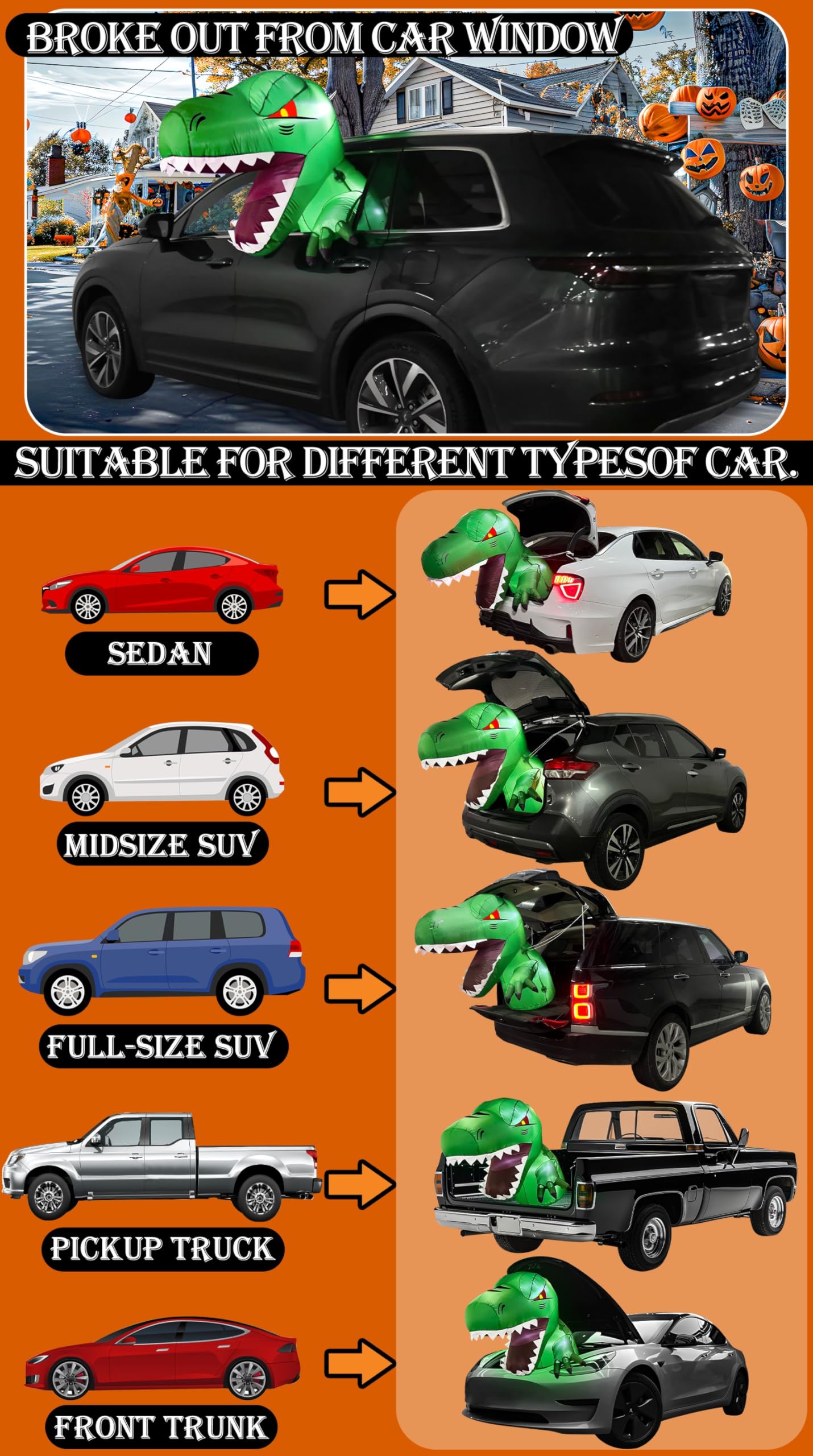 3.7 Ft Halloween Trunk or Treat Decorations for SUV Inflatable Dinosaur with Build-in LEDs, Trunk or Treat Inflatable Dinosaur Broke Out from Car Halloween Blow Up for SUVs, Sedans, Outdoor Decor - Image 6