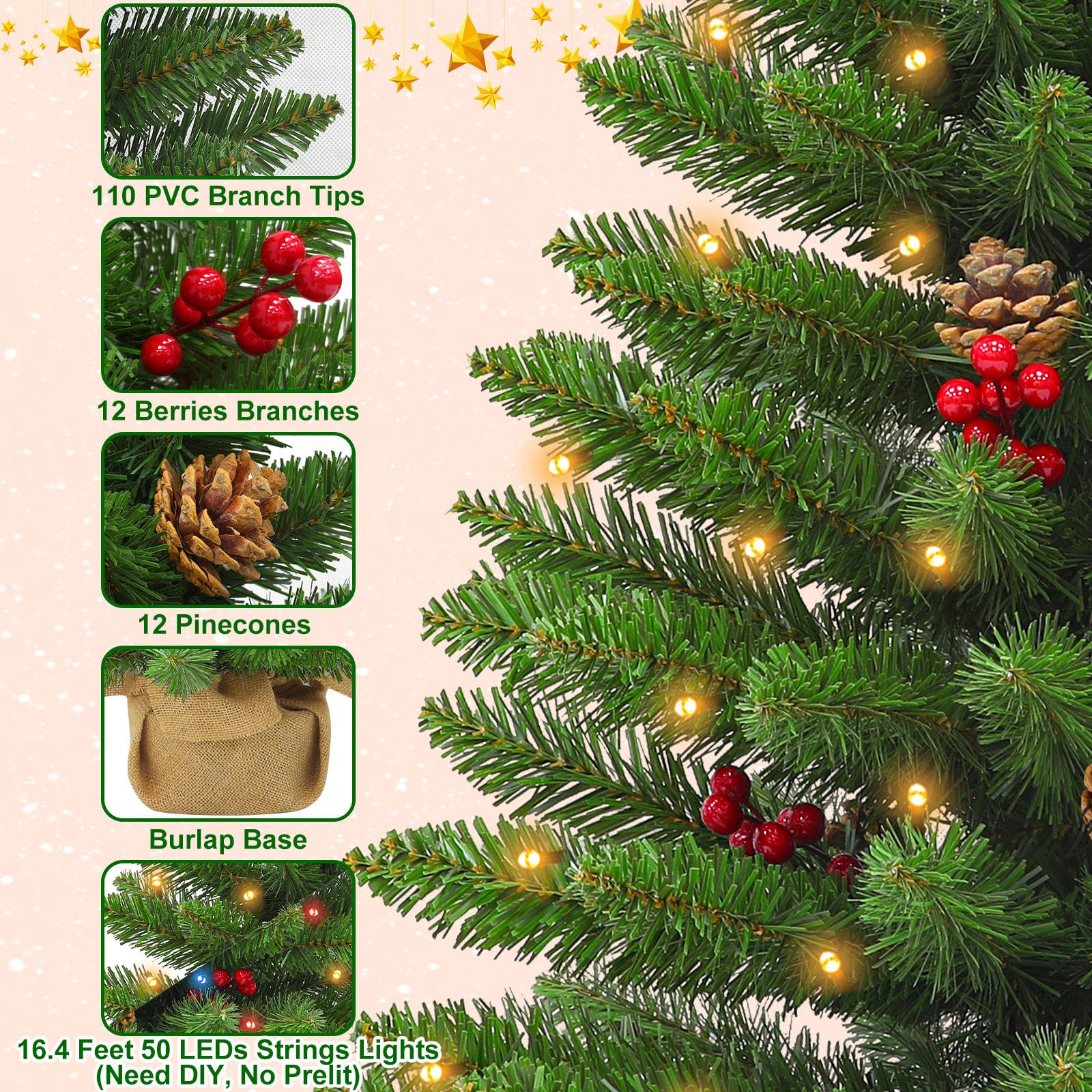 3 ft Artificial Mini Christmas Tree, Remote Control and Timer, Tabletop Small Christmas Trees 50 Warm White&Colorful Dual Color Lights 110 Tips 12 Pinecones 12 Red Berries Burlap Base Home Xmas Decor - Image 3