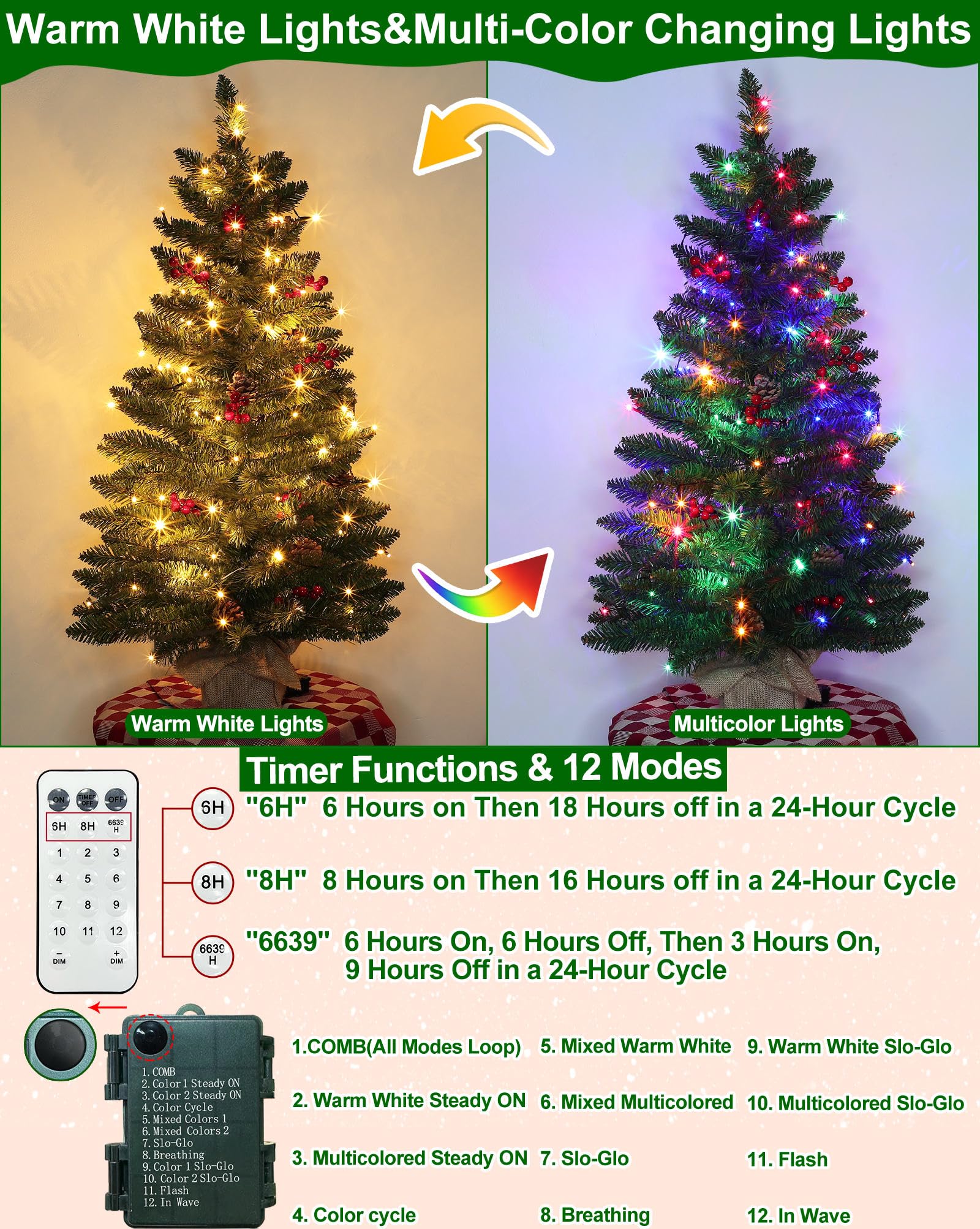 3 ft Artificial Mini Christmas Tree, Remote Control and Timer, Tabletop Small Christmas Trees 50 Warm White&Colorful Dual Color Lights 110 Tips 12 Pinecones 12 Red Berries Burlap Base Home Xmas Decor - Image 4