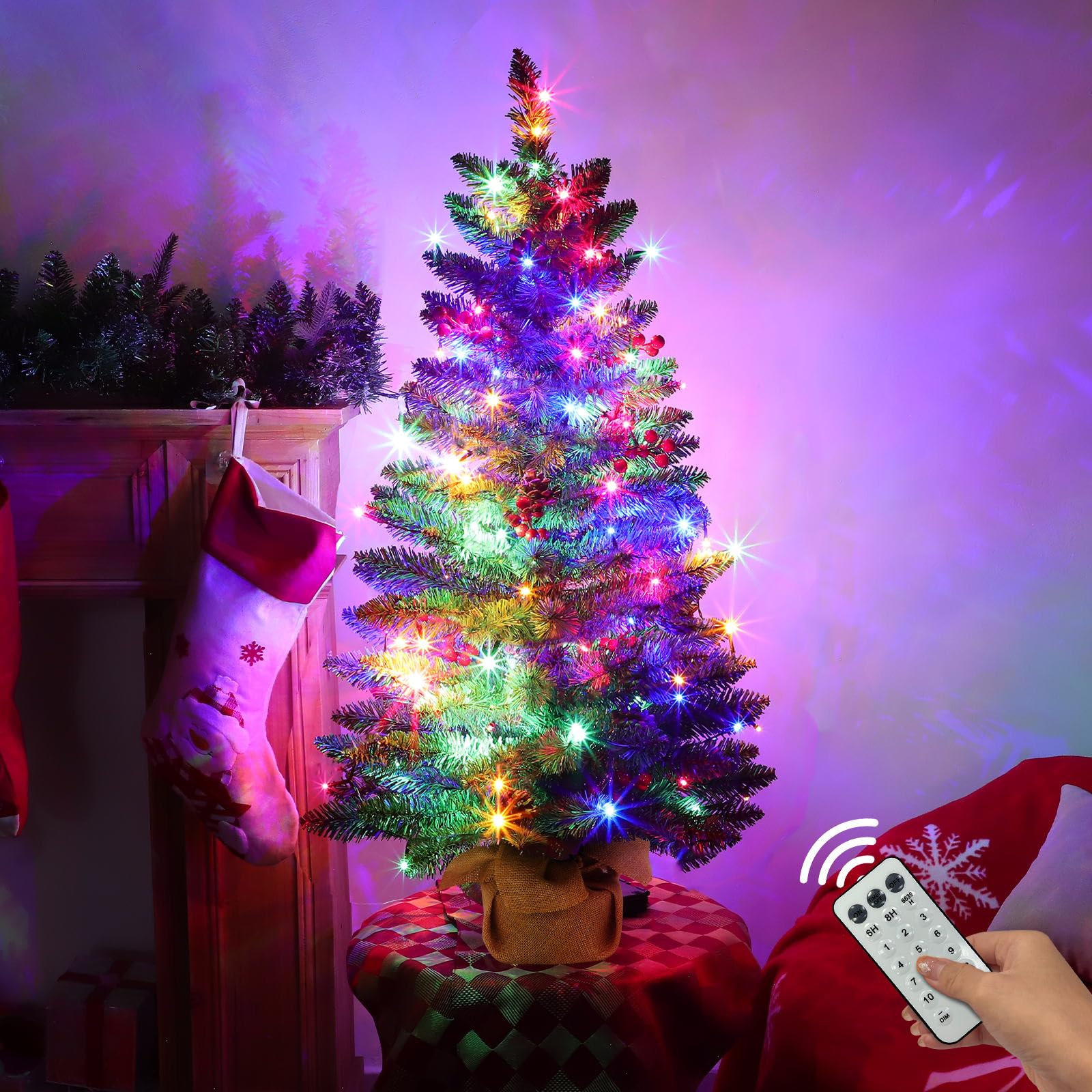 3 ft Artificial Mini Christmas Tree, Remote Control and Timer, Tabletop Small Christmas Trees 50 Warm White&Colorful Dual Color Lights 110 Tips 12 Pinecones 12 Red Berries Burlap Base Home Xmas Decor - Image 5