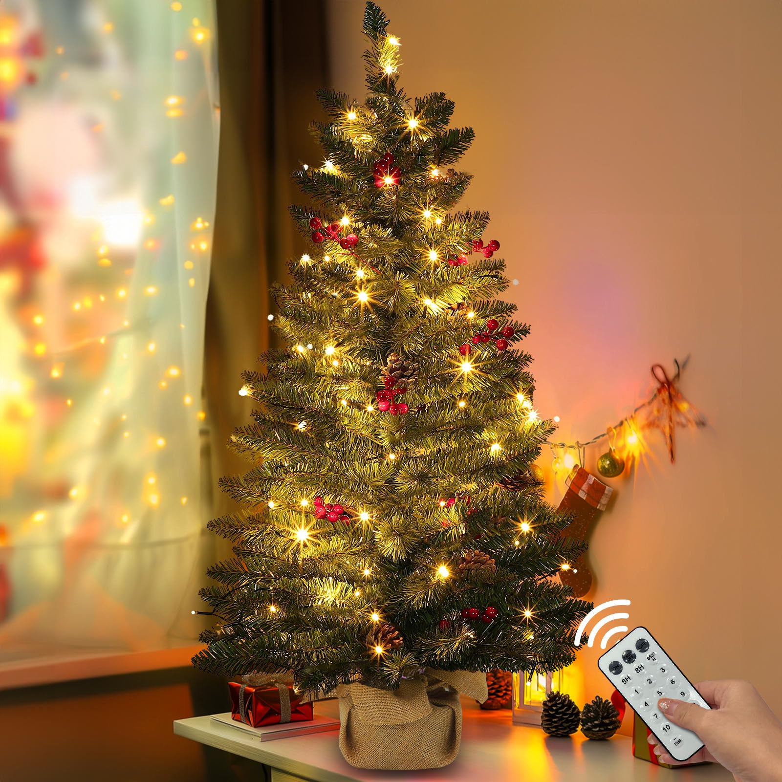 3 ft Artificial Mini Christmas Tree, Remote Control and Timer, Tabletop Small Christmas Trees 50 Warm White&Colorful Dual Color Lights 110 Tips 12 Pinecones 12 Red Berries Burlap Base Home Xmas Decor - Image 6