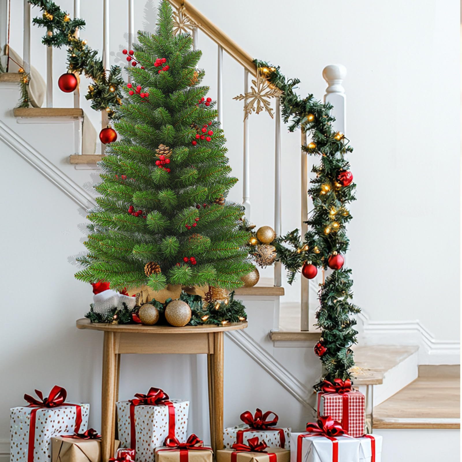 3 ft Artificial Mini Christmas Tree, Remote Control and Timer, Tabletop Small Christmas Trees 50 Warm White&Colorful Dual Color Lights 110 Tips 12 Pinecones 12 Red Berries Burlap Base Home Xmas Decor - Image 7