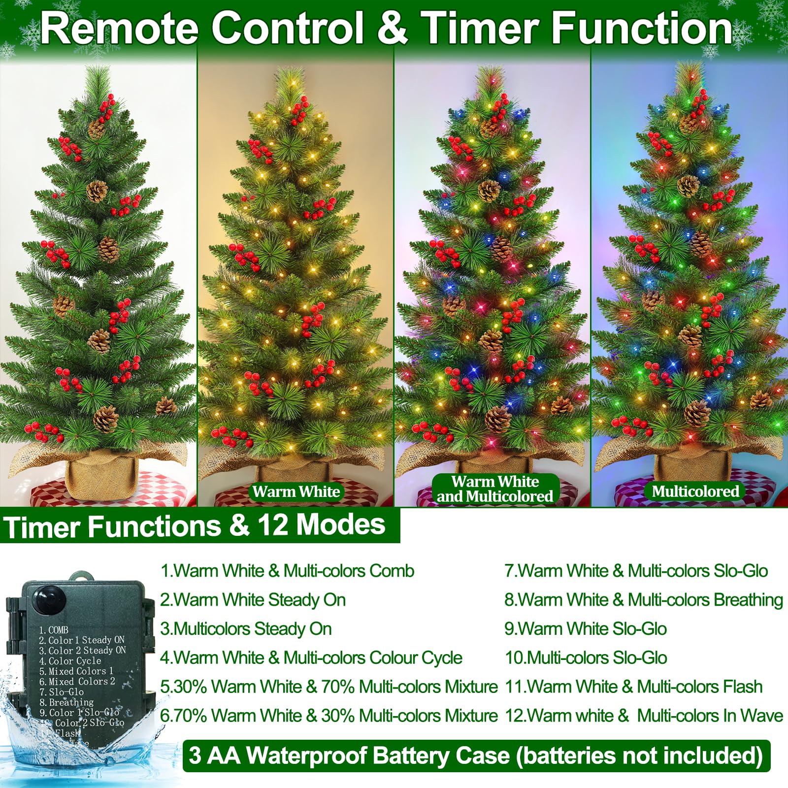 3 Ft Artificial Small Mini Christmas Tree with Dual Color Warm White & Colorful Lights, Tabletop Christmas Tree Battery Operated Pinecones Red Berries, Remote Control, 12 Modes Timer, Burlap Base - Image 3