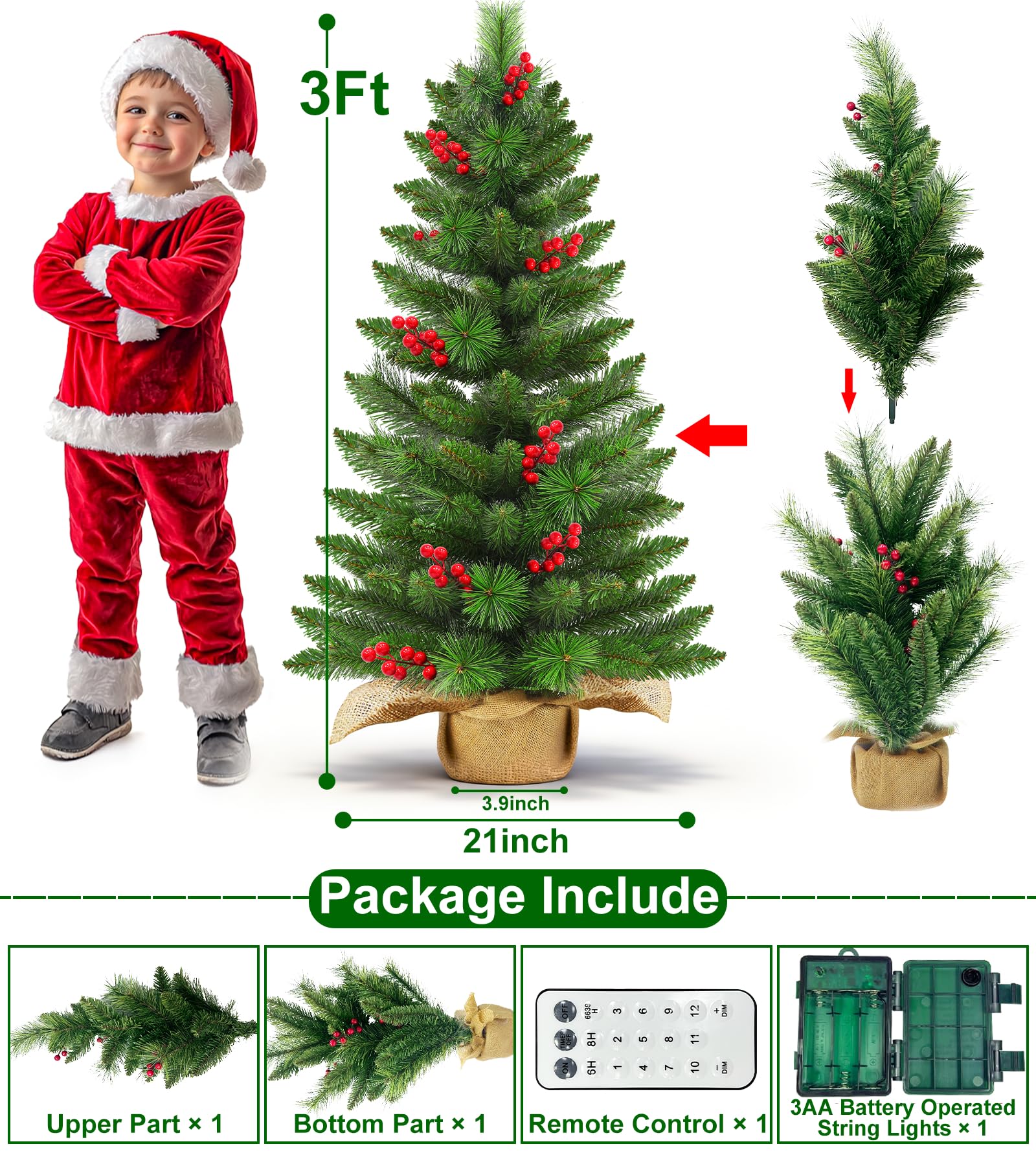 3 Ft Artificial Small Mini Christmas Tree with Dual Color Warm White & Colorful Lights, Tabletop Christmas Tree Battery Operated Pinecones Red Berries, Remote Control, 12 Modes Timer, Burlap Base - Image 4