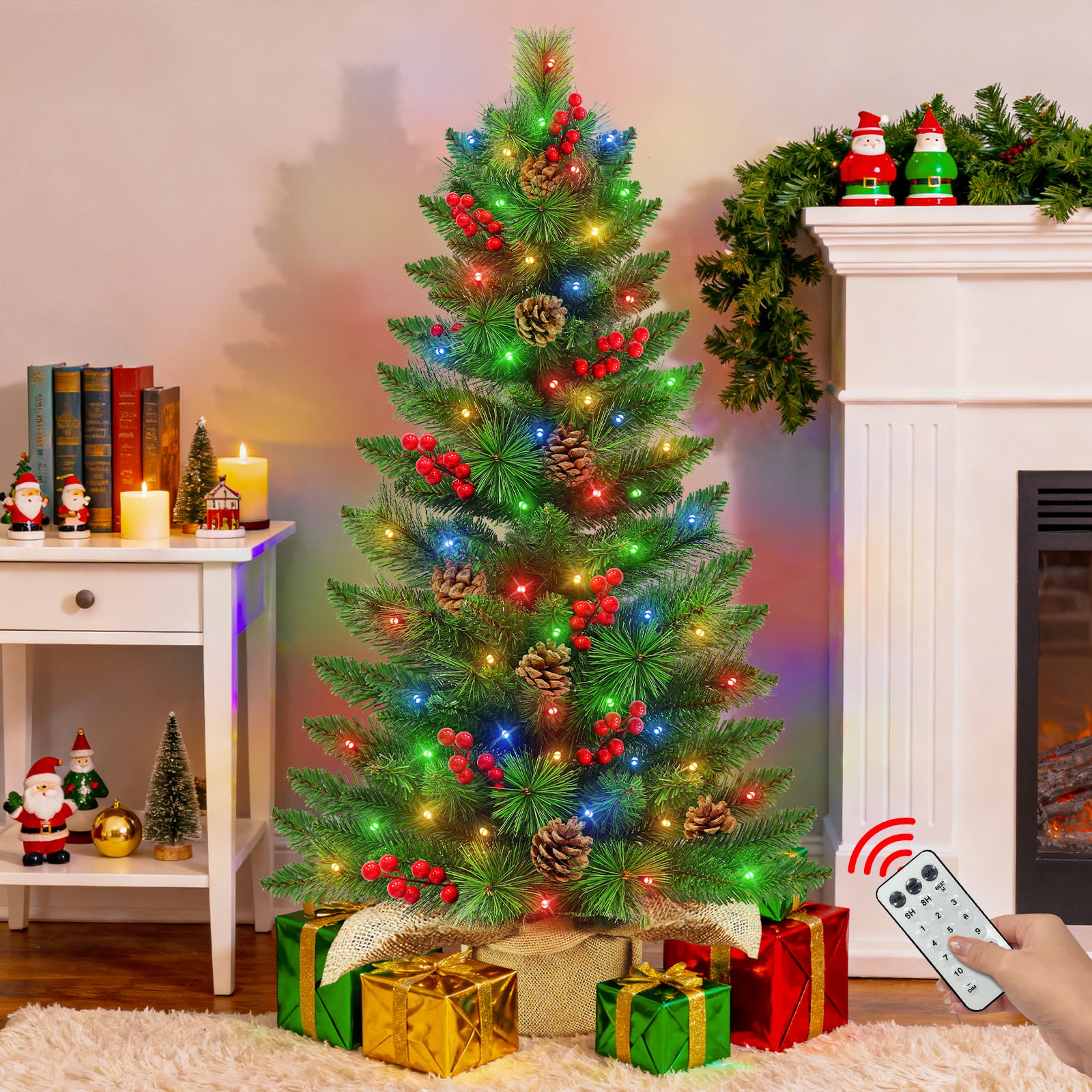 3 Ft Artificial Small Mini Christmas Tree with Dual Color Warm White & Colorful Lights, Tabletop Christmas Tree Battery Operated Pinecones Red Berries, Remote Control, 12 Modes Timer, Burlap Base - Image 5