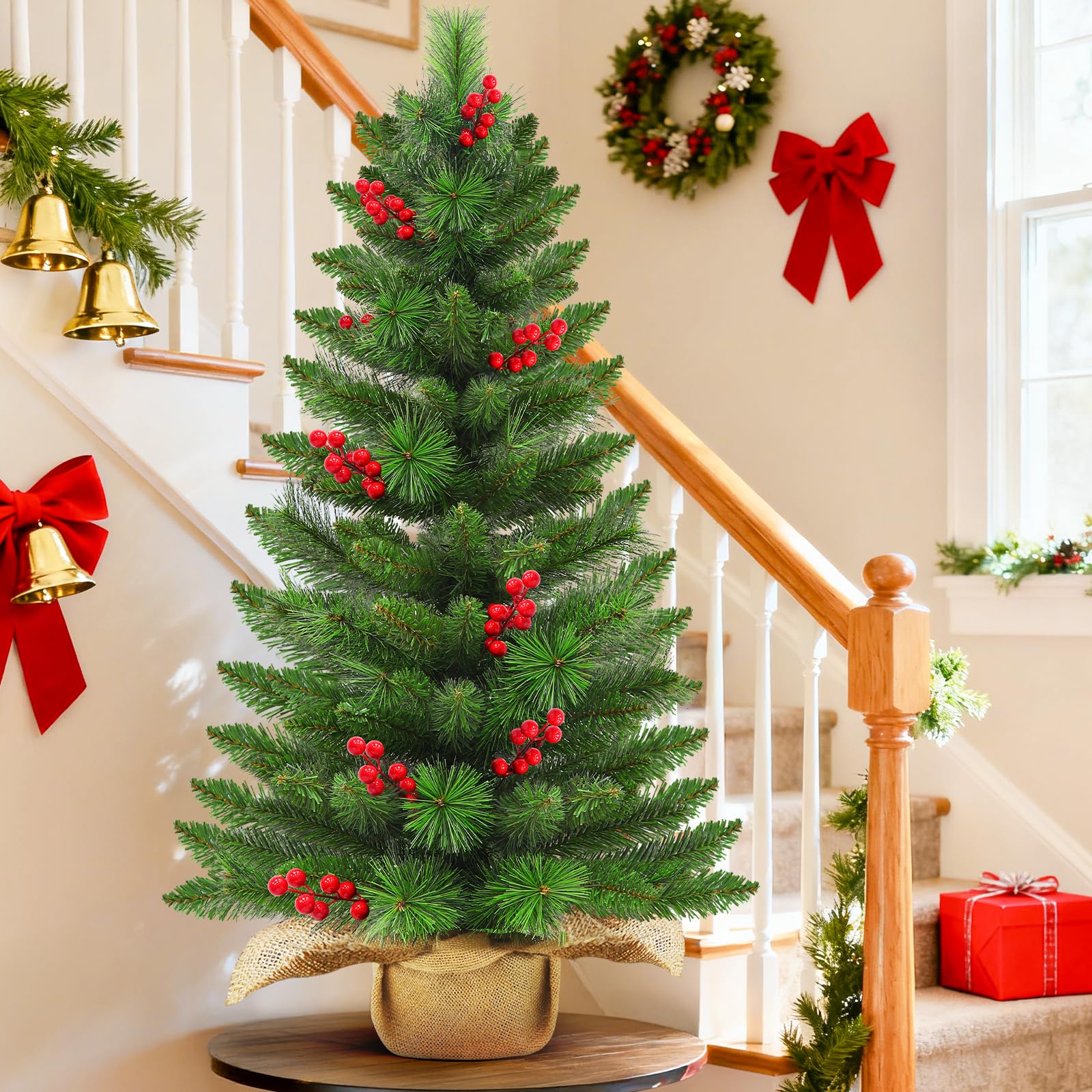 3 Ft Artificial Small Mini Christmas Tree with Dual Color Warm White & Colorful Lights, Tabletop Christmas Tree Battery Operated Pinecones Red Berries, Remote Control, 12 Modes Timer, Burlap Base - Image 6