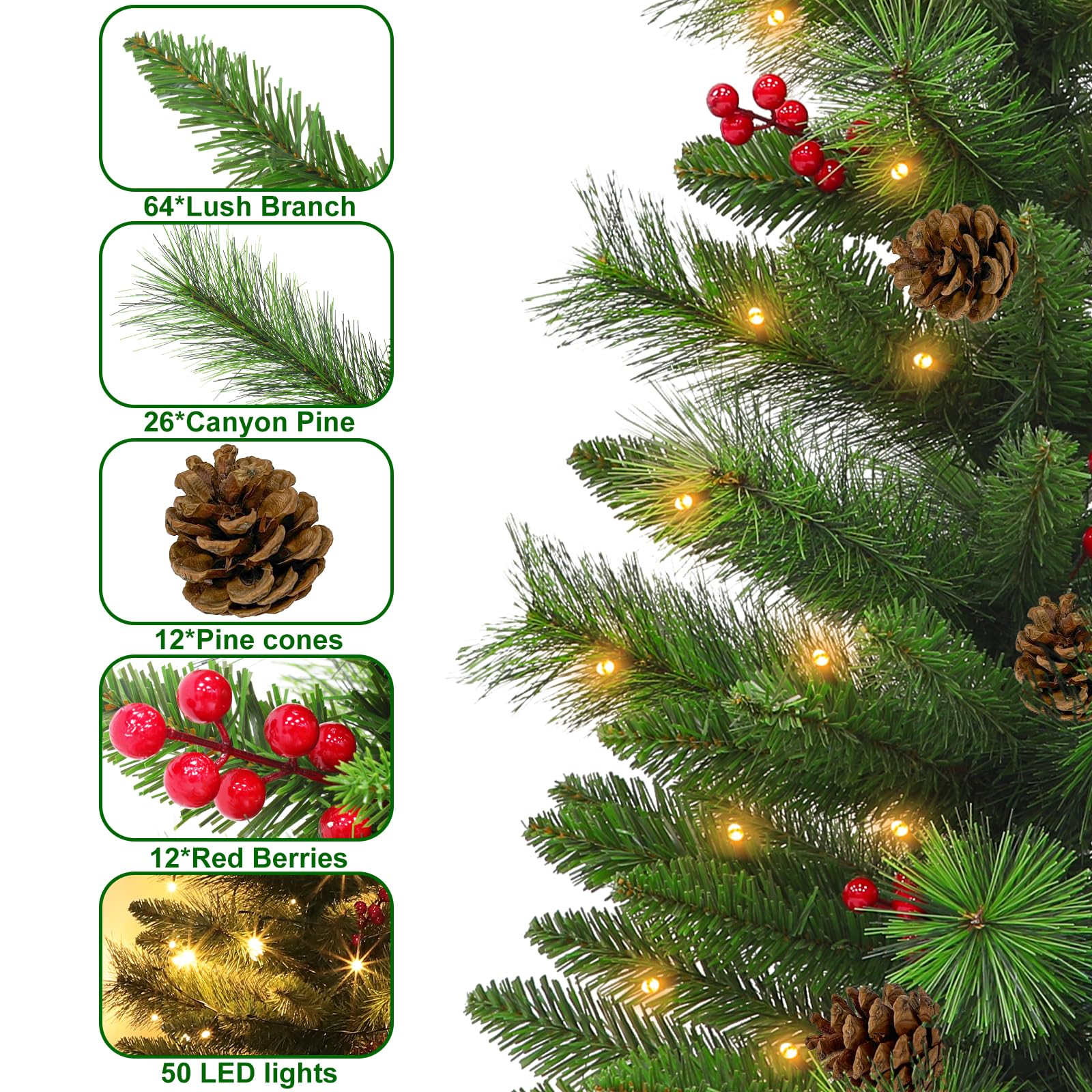 3 Ft Artificial Small Mini Christmas Tree with Dual Color Warm White & Colorful Lights, Tabletop Christmas Tree Battery Operated Pinecones Red Berries, Remote Control, 12 Modes Timer, Burlap Base - Image 7