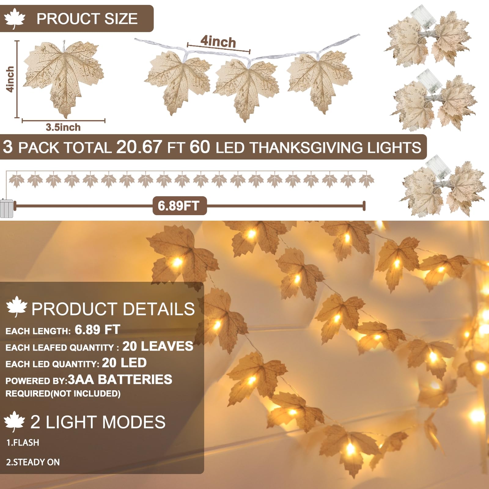 3 Pack Fall Decor - Fall Garland with Lights Fall Decorations for Home, Total 20Ft 60LED Thick Lighted Maples Leafed Autumn Garland Wedding Harvest Fireplace Party Christmas Thanksgiving Decorations - Image 3