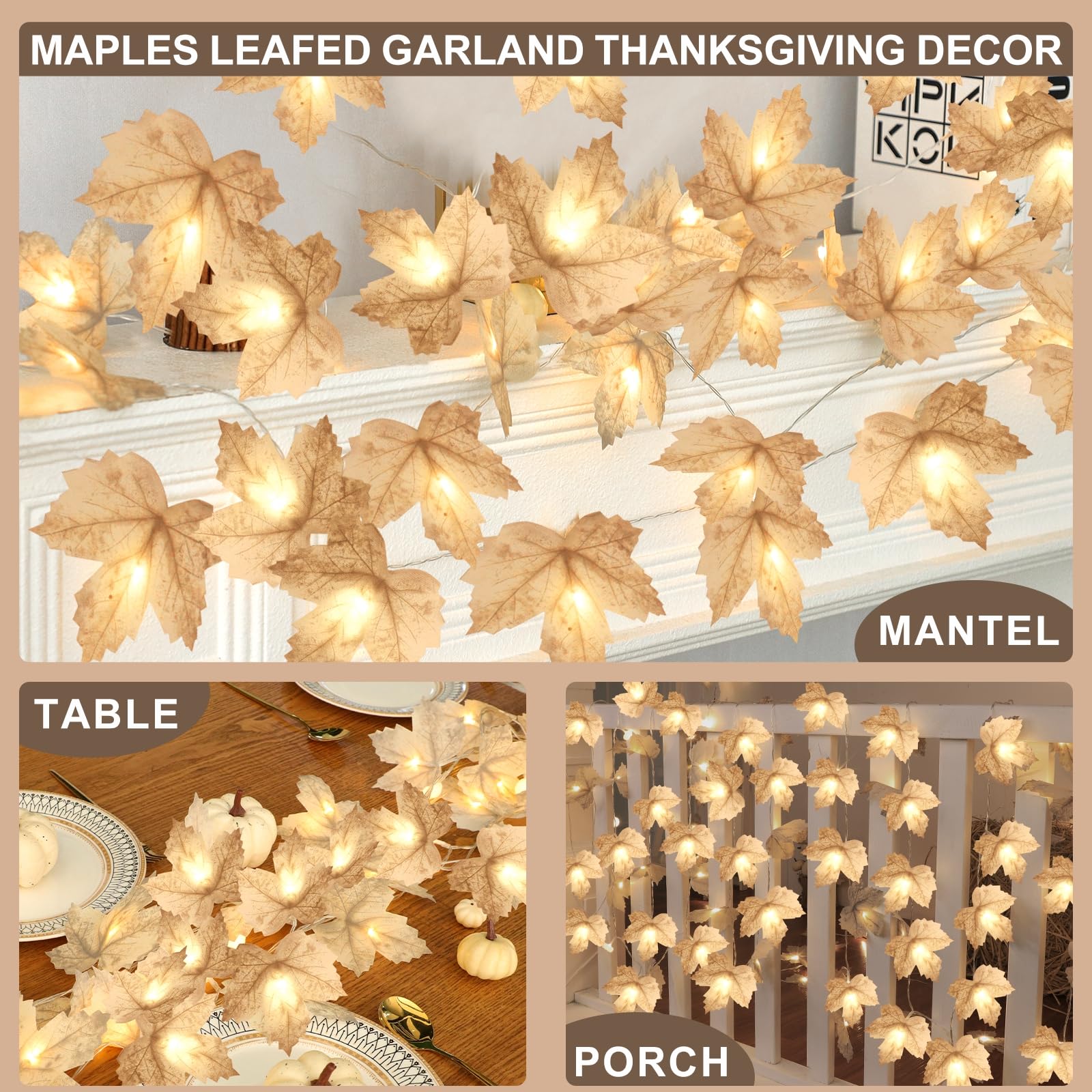 3 Pack Fall Decor - Fall Garland with Lights Fall Decorations for Home, Total 20Ft 60LED Thick Lighted Maples Leafed Autumn Garland Wedding Harvest Fireplace Party Christmas Thanksgiving Decorations - Image 5