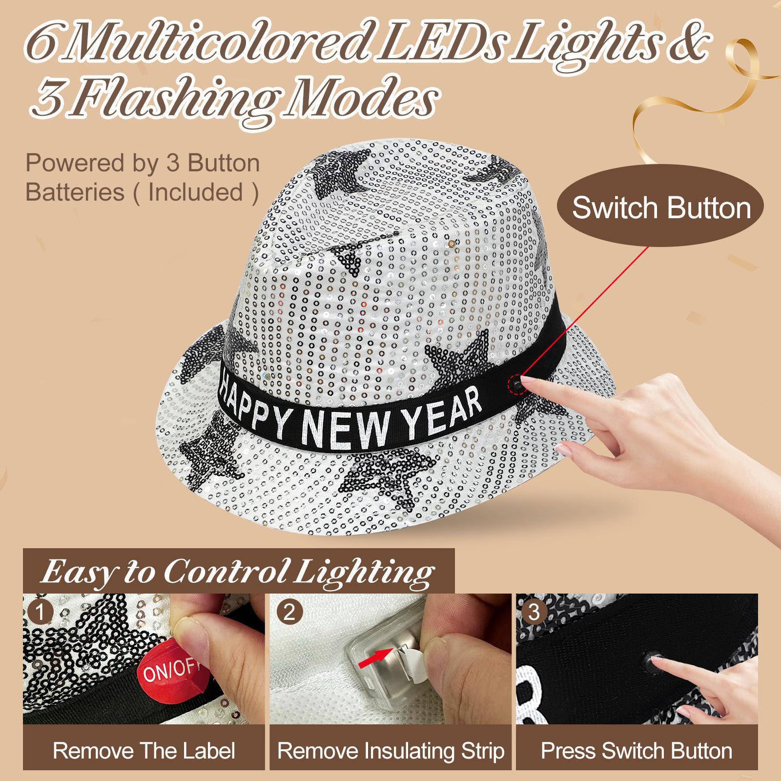 3 Pack Happy New Years Hats Sequin LED Light Up Top Hats New Years Eve Party Supplies 2026, Black Gold Sliver Party Hats New Year Accessories for Women Men Adult Photo Props Birthday New Year Party - Image 4