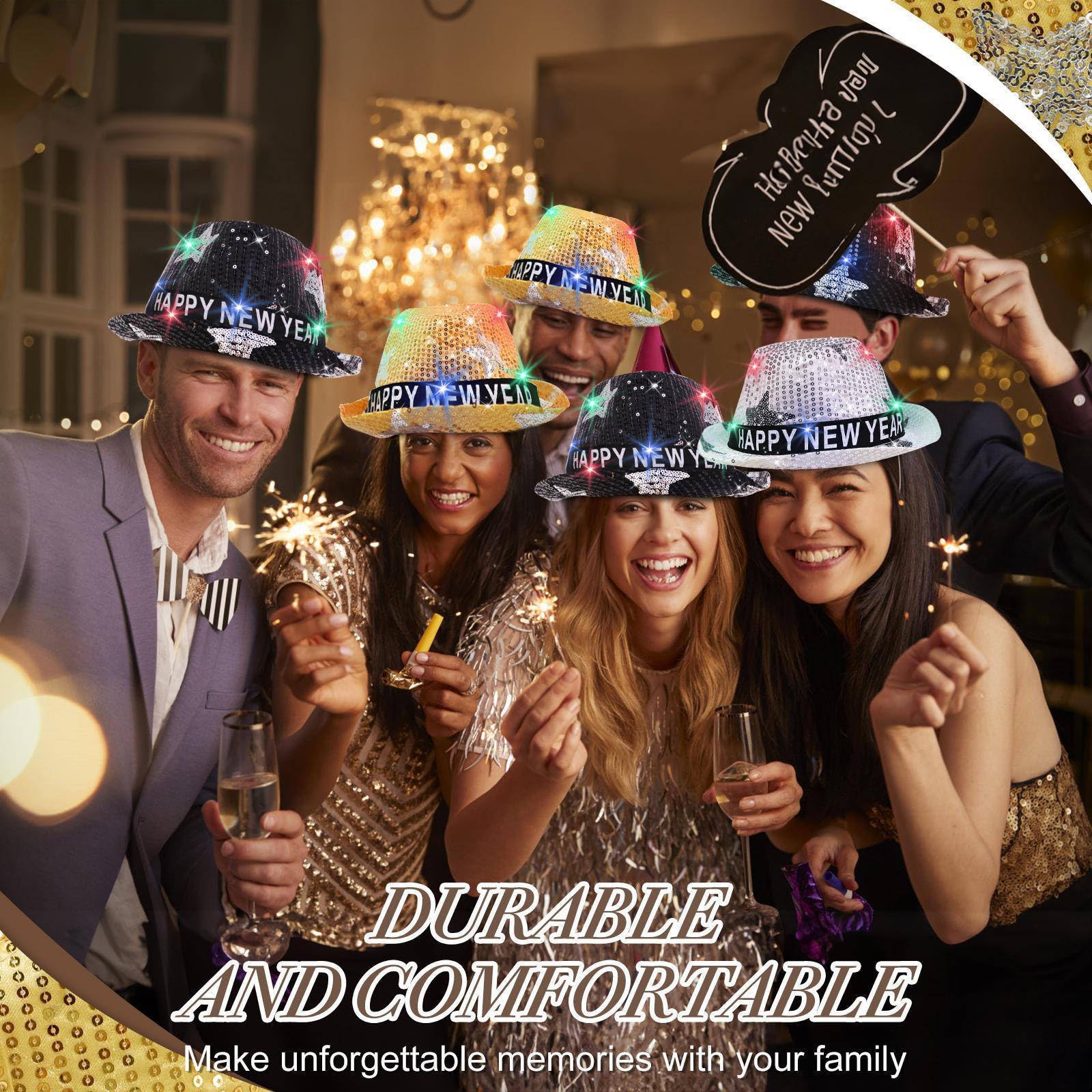 3 Pack Happy New Years Hats Sequin LED Light Up Top Hats New Years Eve Party Supplies 2026, Black Gold Sliver Party Hats New Year Accessories for Women Men Adult Photo Props Birthday New Year Party - Image 5